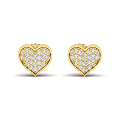 Heart-shaped pavé round cut lab grown diamond stud earrings with clustered diamonds, polished heart border, and secure screw back closure in a yellow gold tone.