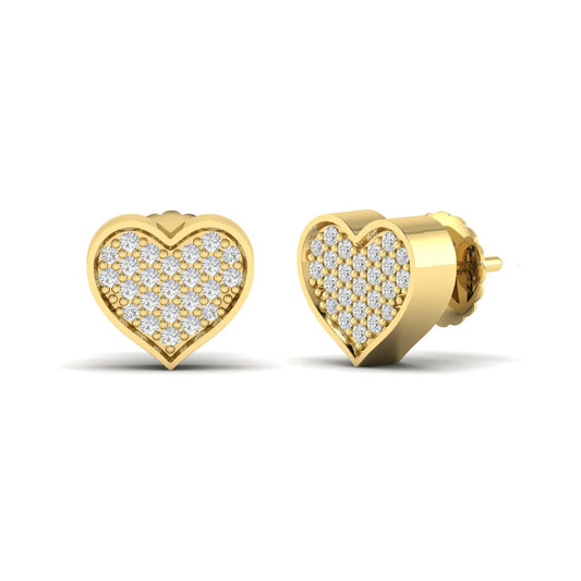 Heart-shaped pavé round cut lab grown diamond stud earrings with clustered diamonds, polished heart border, and secure screw back closure in a yellow gold tone.