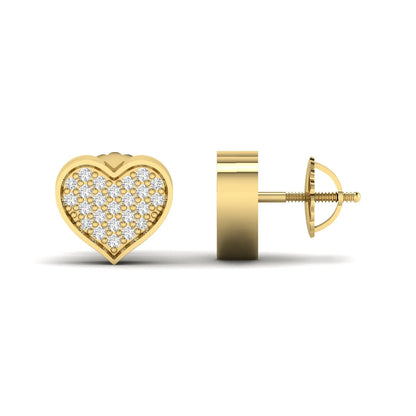 Heart-shaped pavé round cut lab grown diamond stud earrings with clustered diamonds, polished heart border, and secure screw back closure in a yellow gold tone.