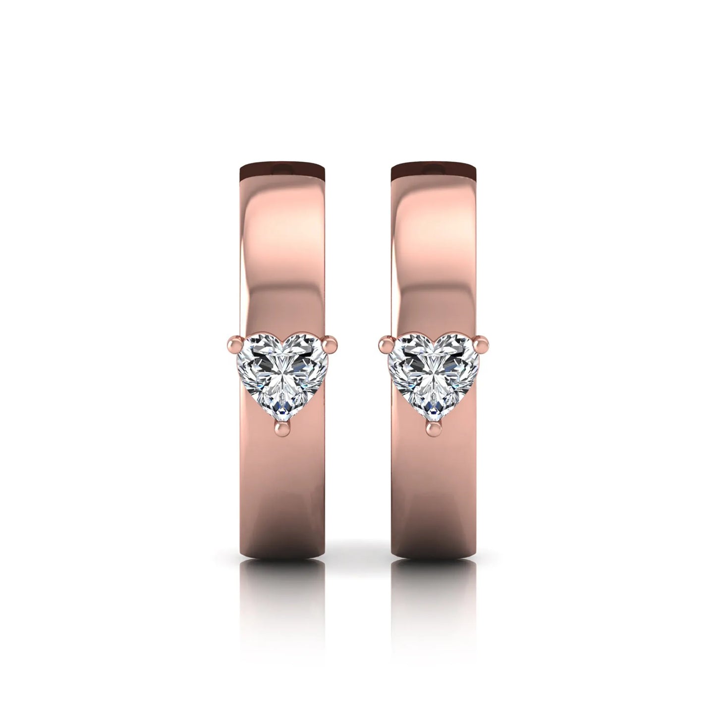 Heart cut lab grown diamond huggie hoop earrings featuring a classic four prong setting and hinged snap closure shown in rose gold tone with a polished finish.