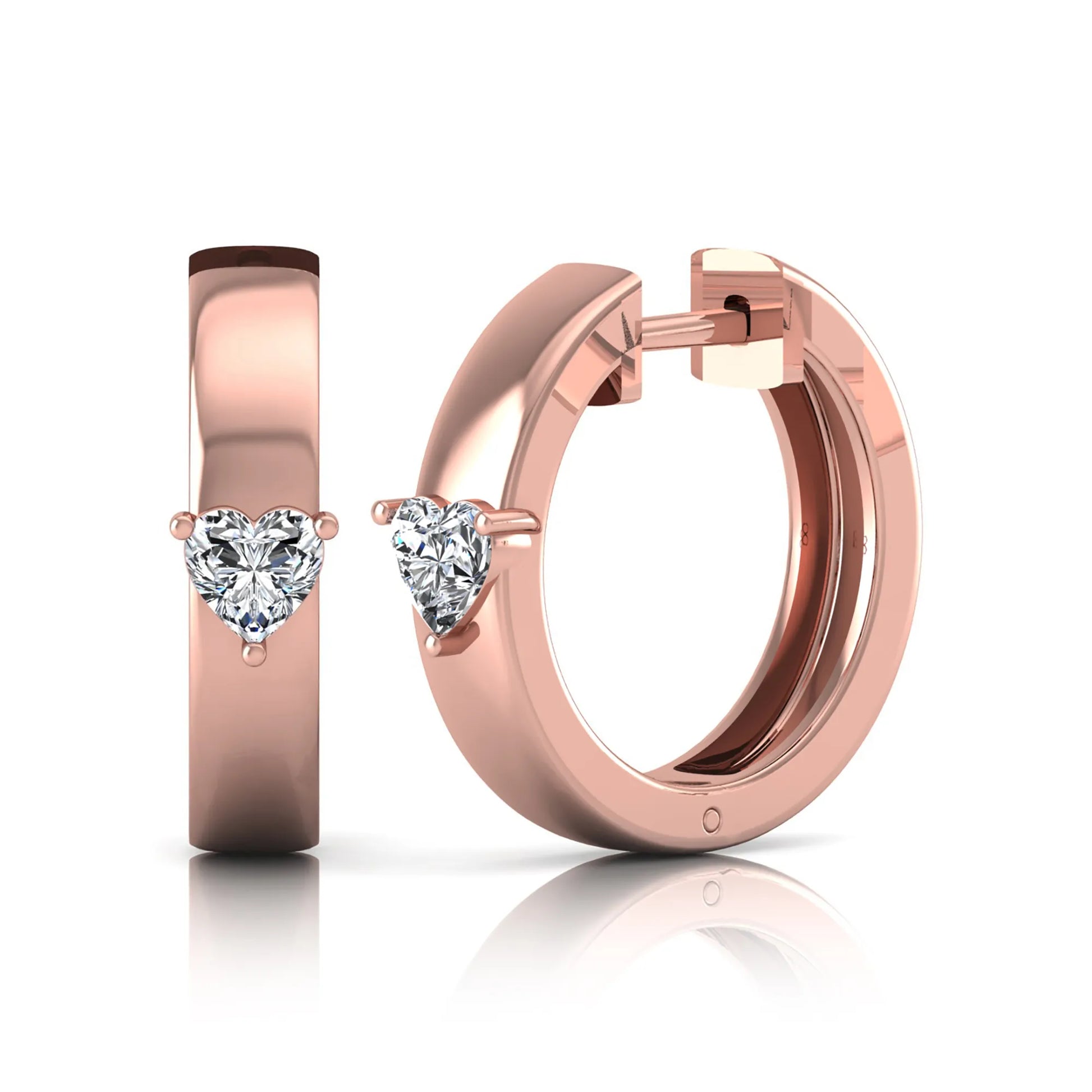 Heart cut lab grown diamond huggie hoop earrings featuring a classic four prong setting and hinged snap closure shown in rose gold tone with a polished finish.