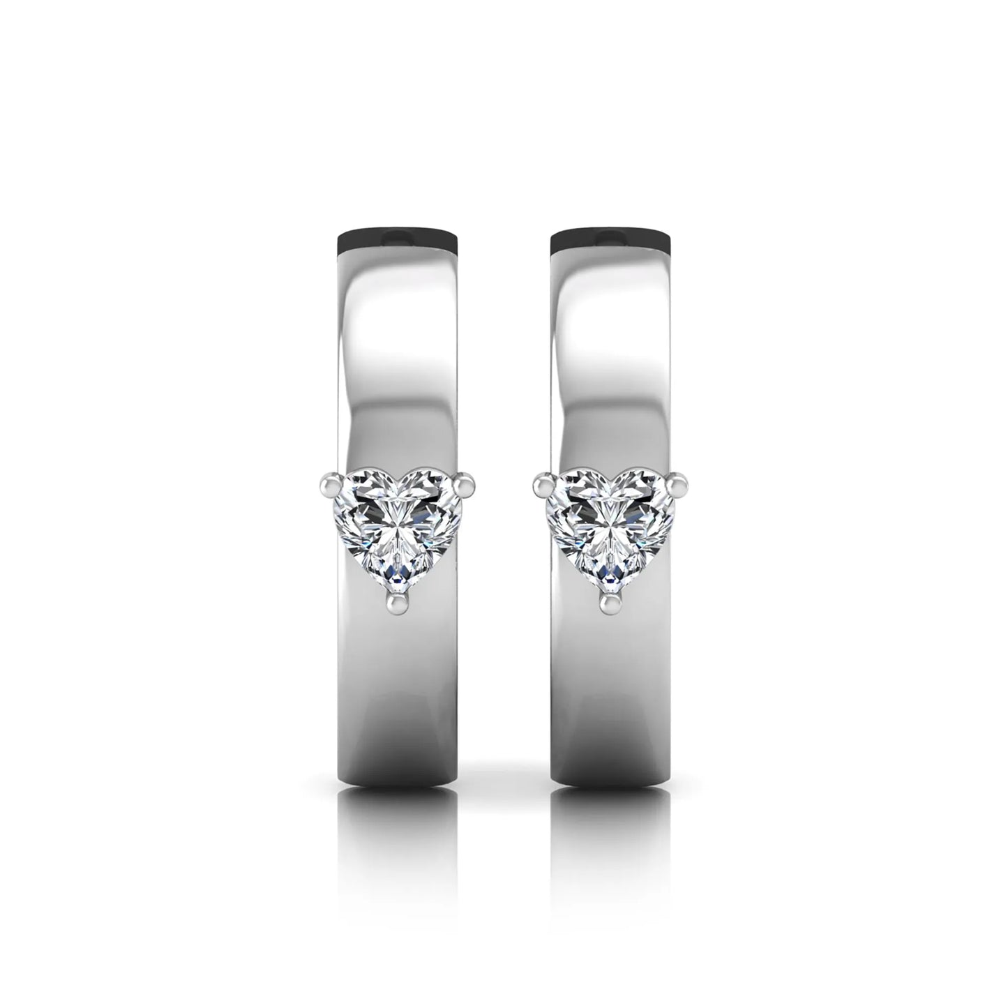 Heart cut lab grown diamond huggie hoop earrings featuring a classic four prong setting and hinged snap closure shown in white gold tone with a polished finish.
