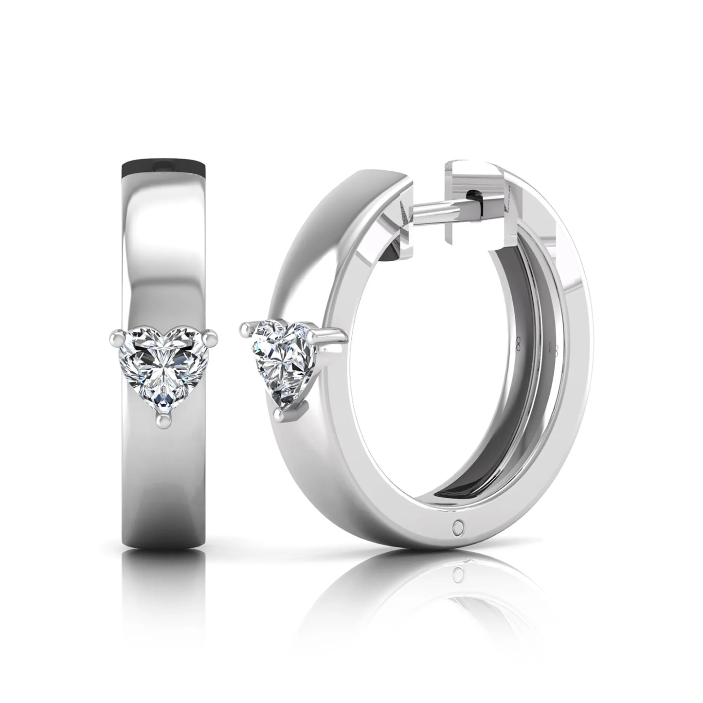 Heart cut lab grown diamond huggie hoop earrings featuring a classic four prong setting and hinged snap closure shown in white gold tone with a polished finish.