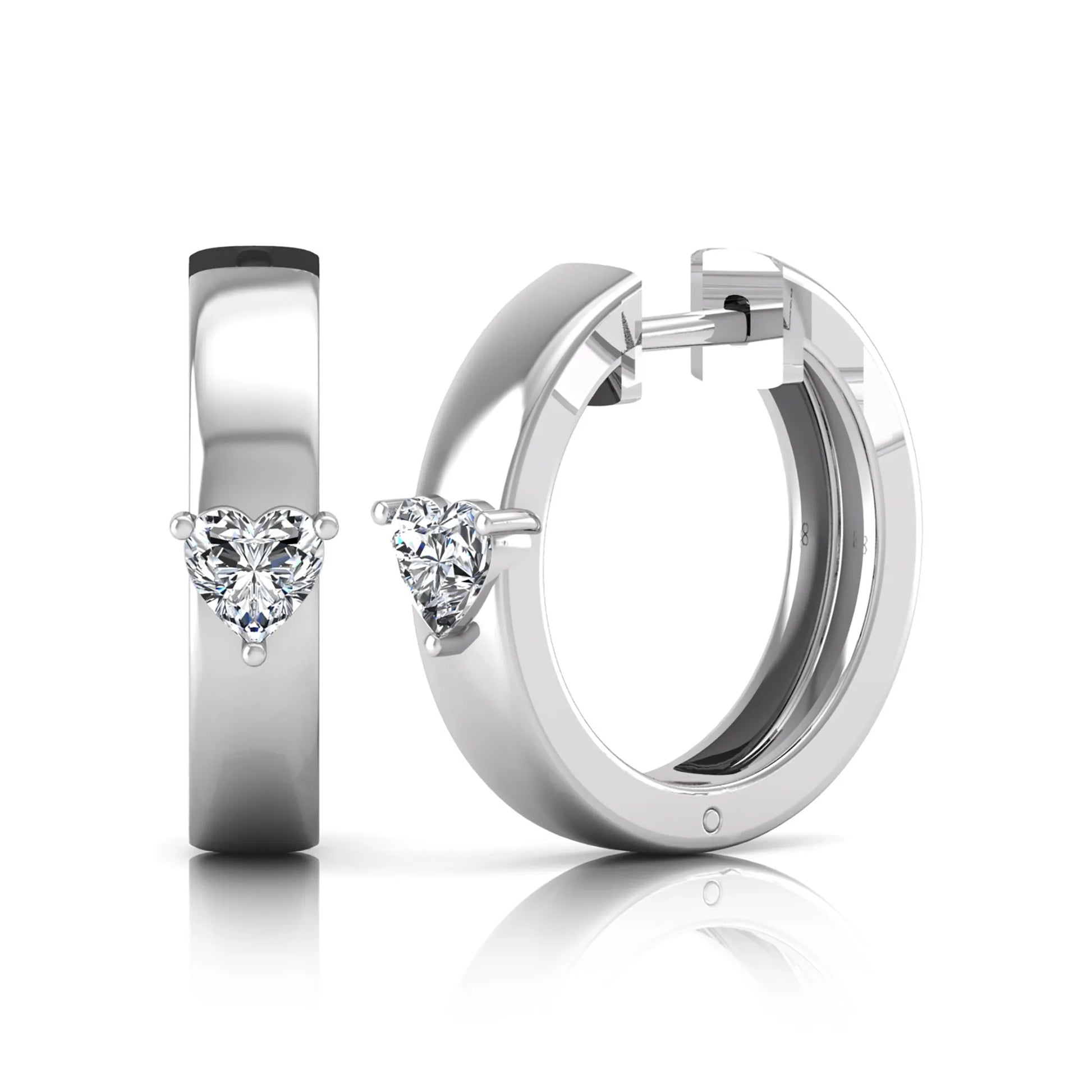 Heart cut lab grown diamond huggie hoop earrings featuring a classic four prong setting and hinged snap closure shown in white gold tone with a polished finish.