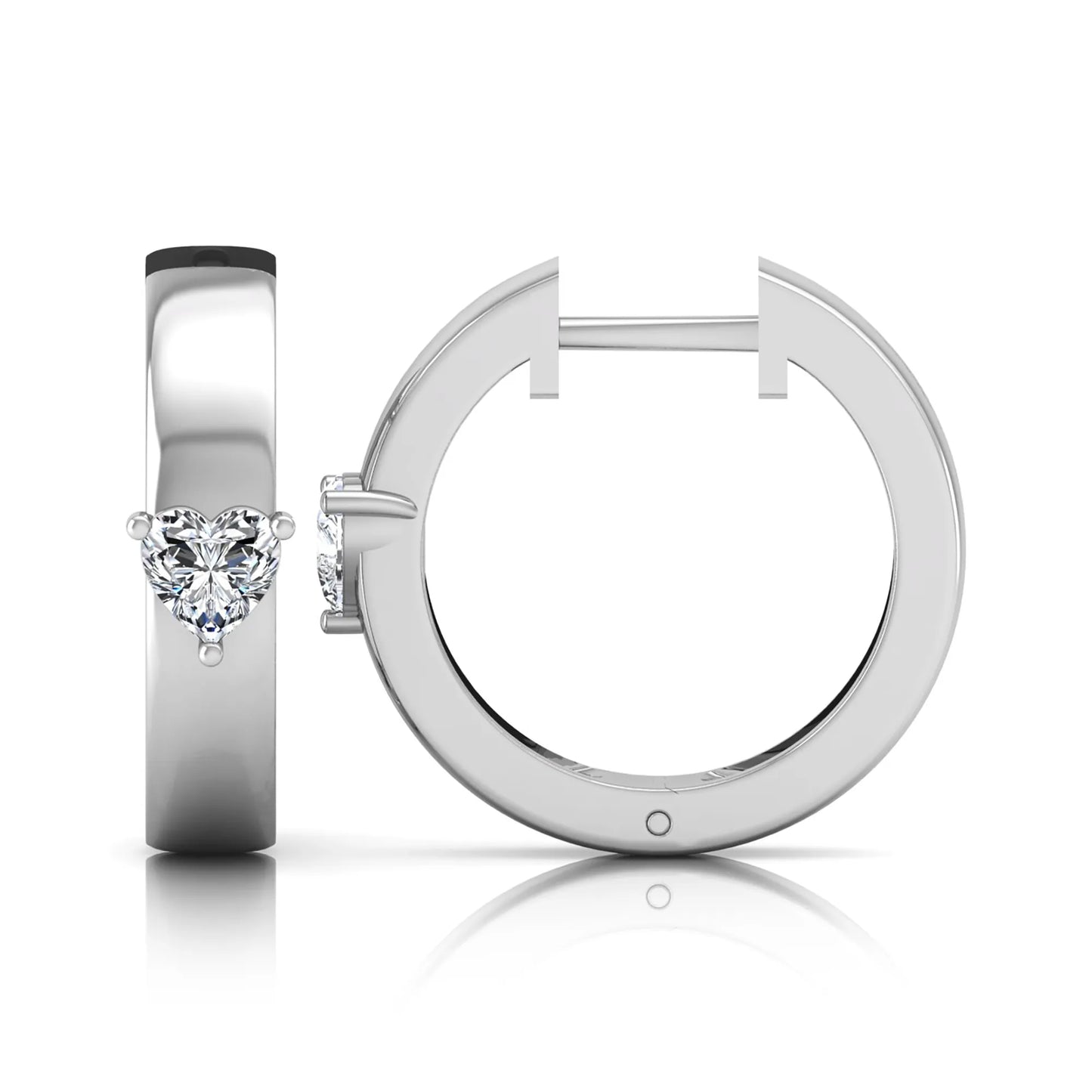 Heart cut lab grown diamond huggie hoop earrings featuring a classic four prong setting and hinged snap closure shown in white gold tone with a polished finish.