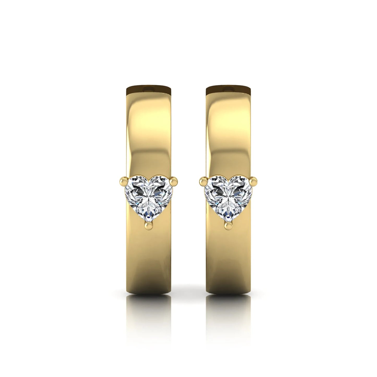 Heart cut lab grown diamond huggie hoop earrings featuring a classic four prong setting and hinged snap closure shown in yellow gold tone with a polished finish.
