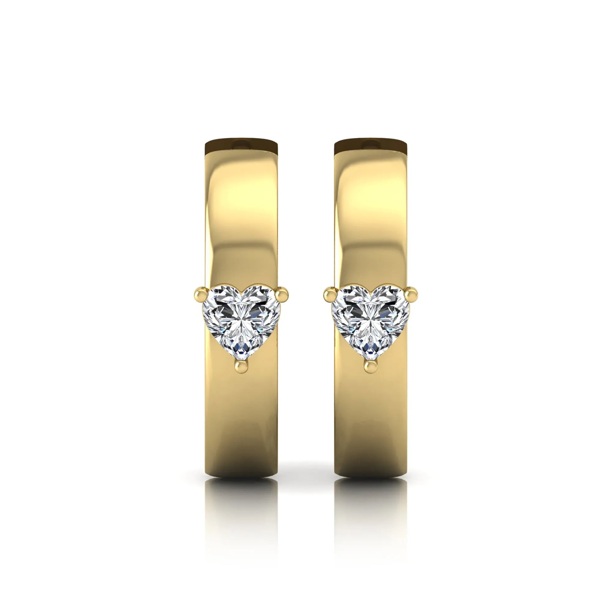 Heart cut lab grown diamond huggie hoop earrings featuring a classic four prong setting and hinged snap closure shown in yellow gold tone with a polished finish.