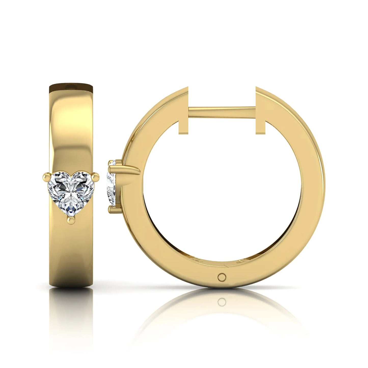 Heart cut lab grown diamond huggie hoop earrings featuring a classic four prong setting and hinged snap closure shown in yellow gold tone with a polished finish.