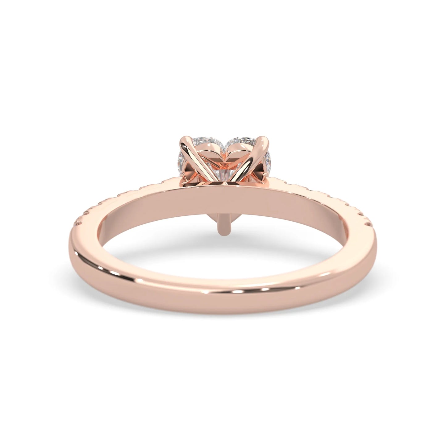 heart cut lab grown diamond prong set engagement ring with pavé band and rose gold metal tone design