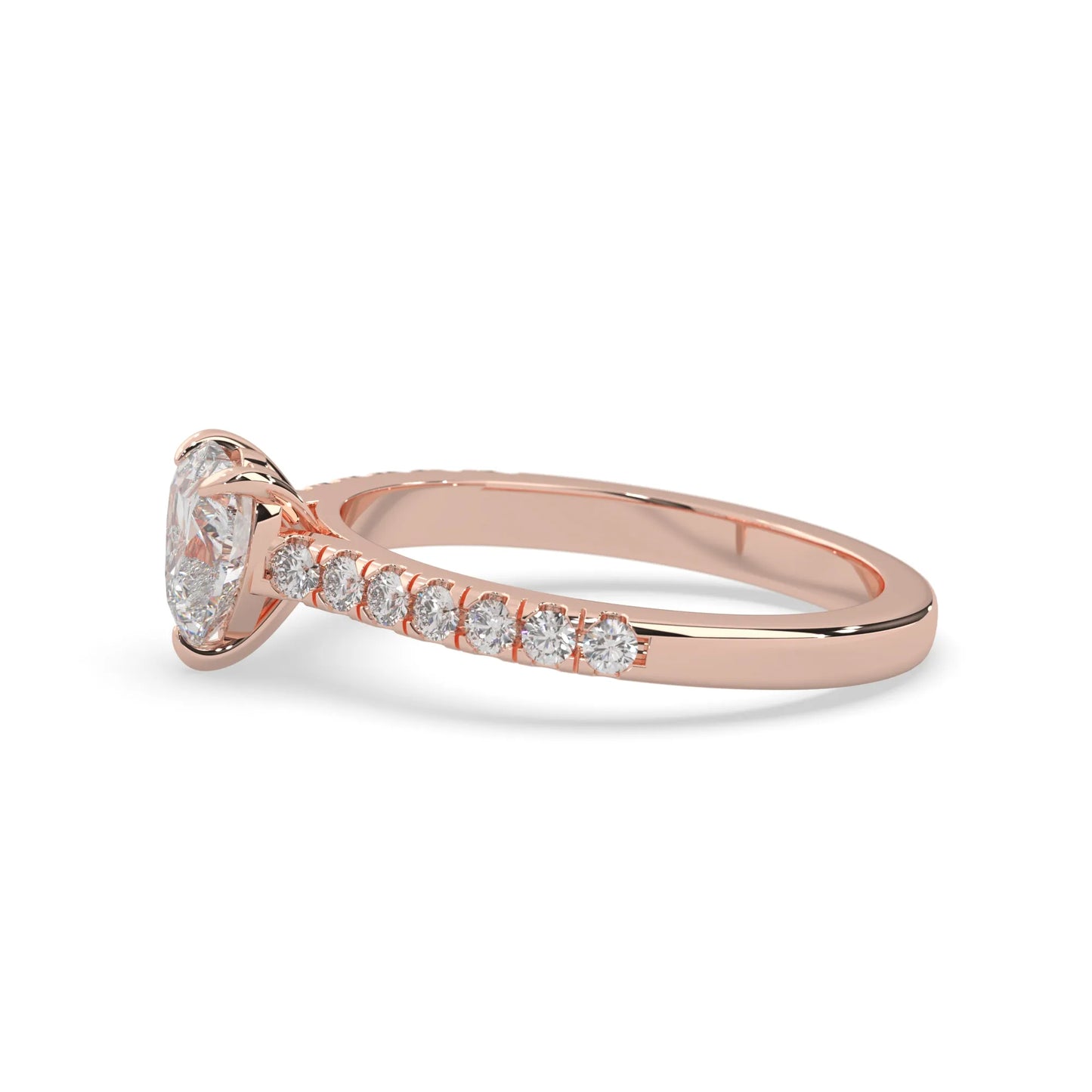 heart cut lab grown diamond prong set engagement ring with pavé band and rose gold metal tone design