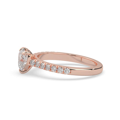 heart cut lab grown diamond prong set engagement ring with pavé band and rose gold metal tone design