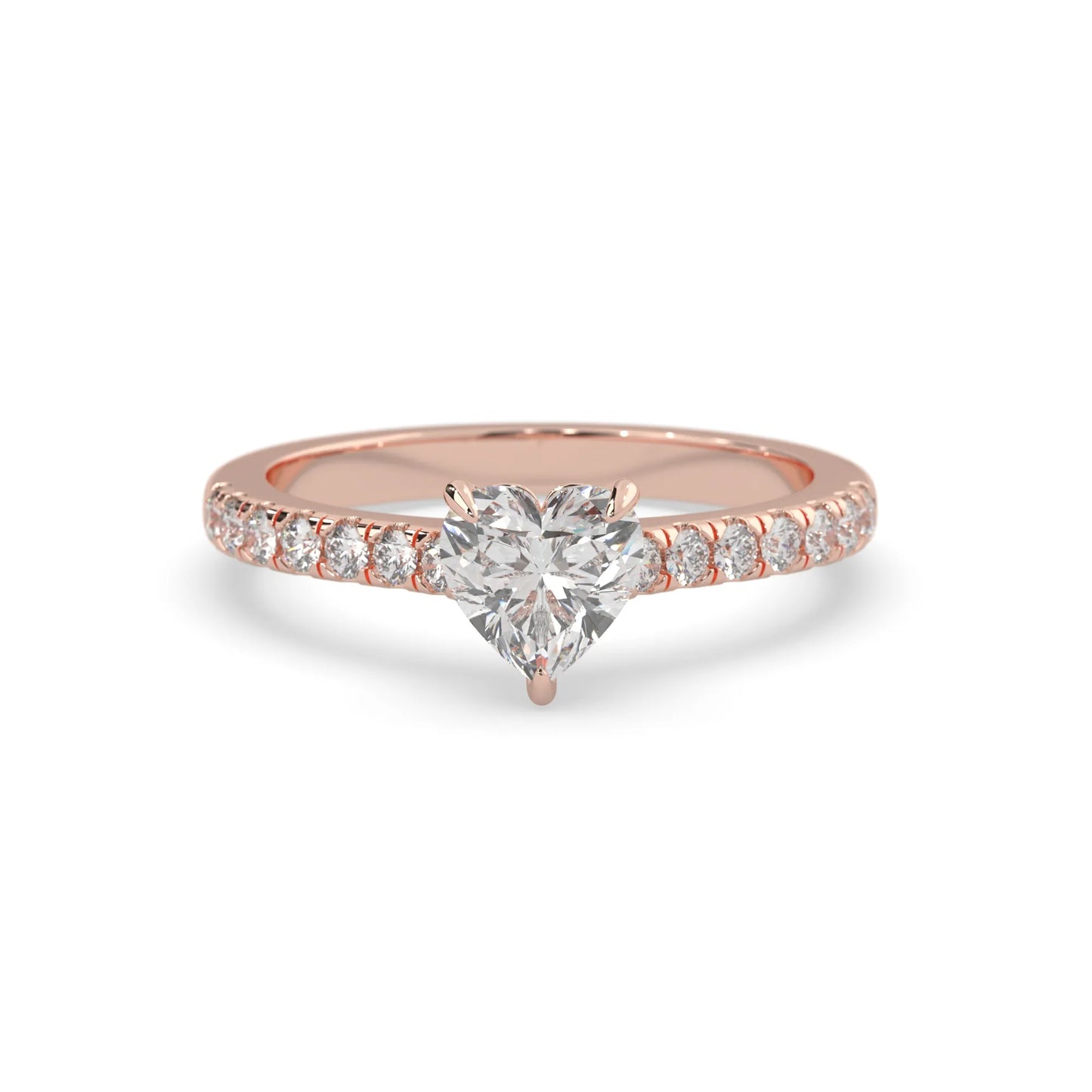 heart cut lab grown diamond prong set engagement ring with pavé band and rose gold metal tone design