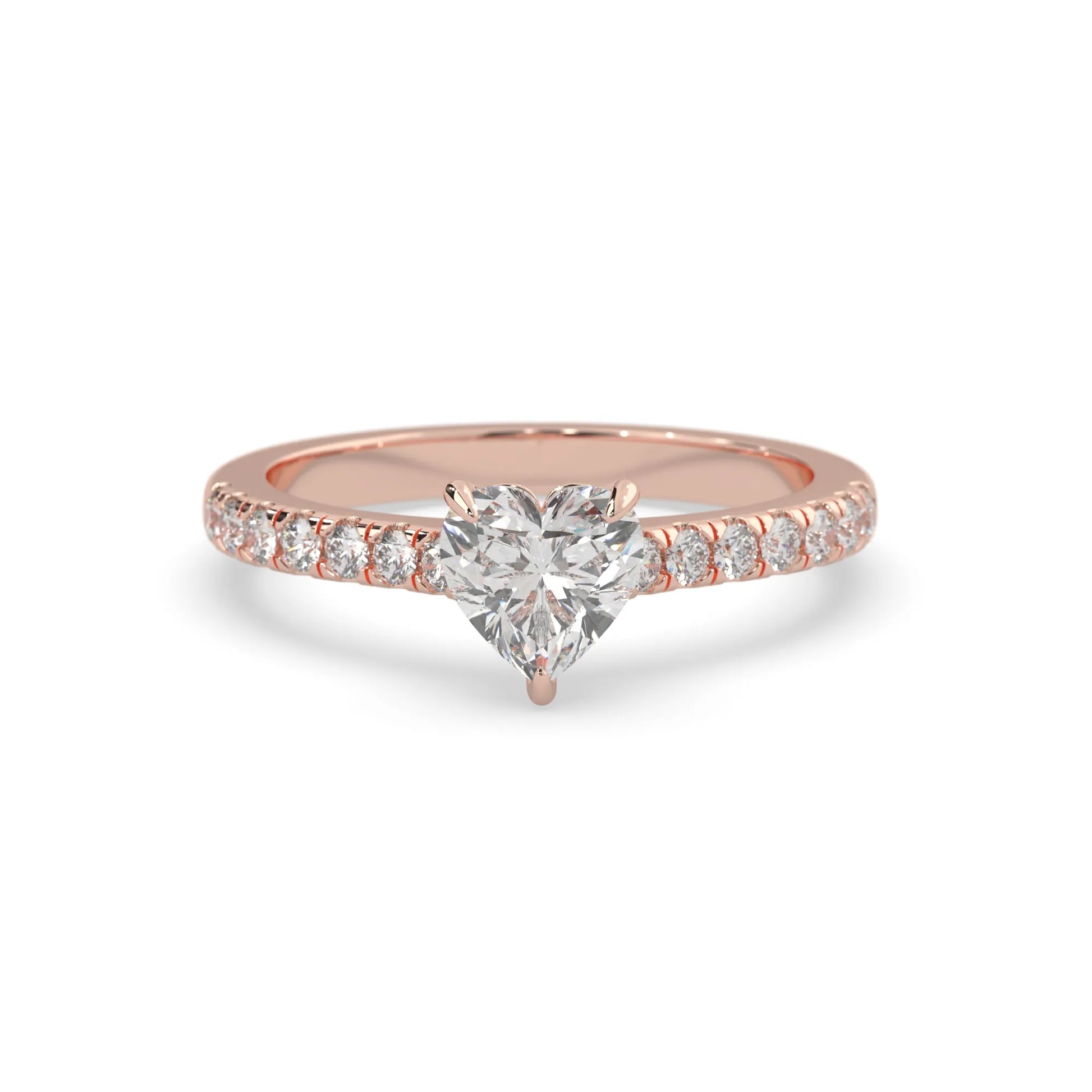 heart cut lab grown diamond prong set engagement ring with pavé band and rose gold metal tone design