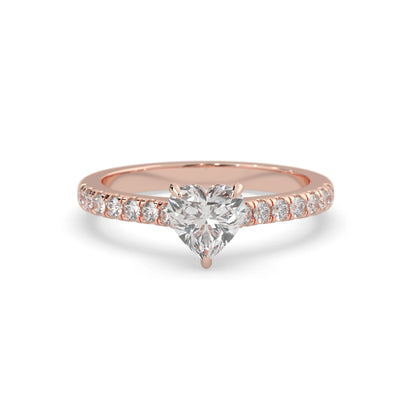heart cut lab grown diamond prong set engagement ring with pavé band and rose gold metal tone design