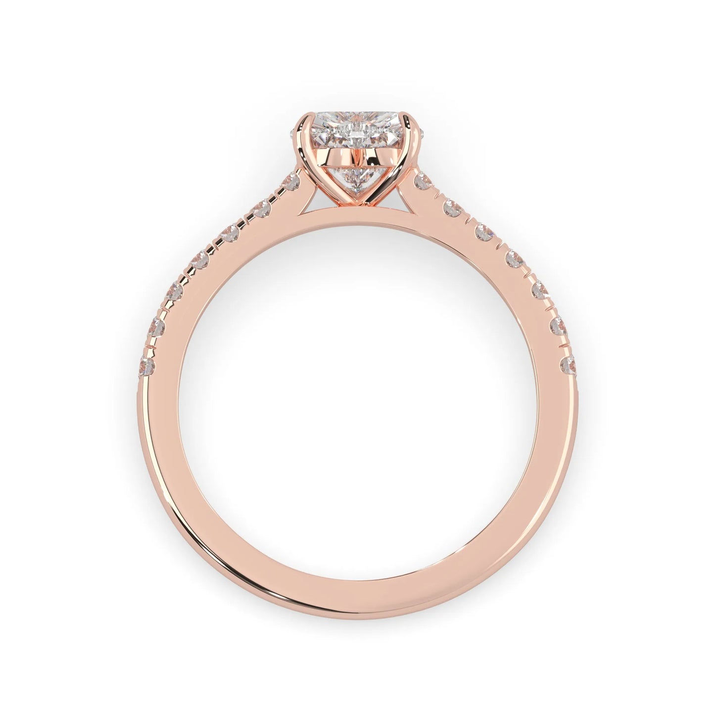 heart cut lab grown diamond prong set engagement ring with pavé band and rose gold metal tone design