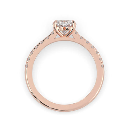 heart cut lab grown diamond prong set engagement ring with pavé band and rose gold metal tone design