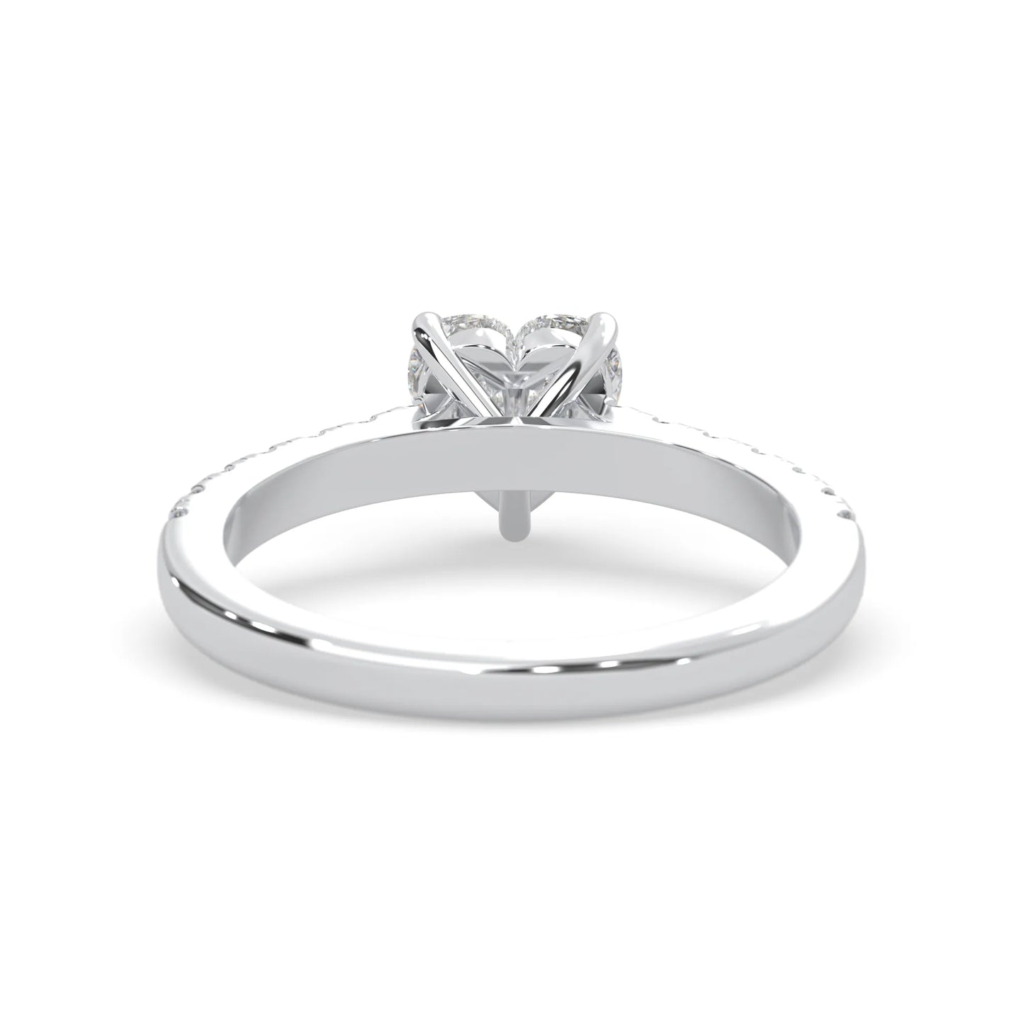 heart cut lab grown diamond prong set engagement ring with pavé band and white gold metal tone design