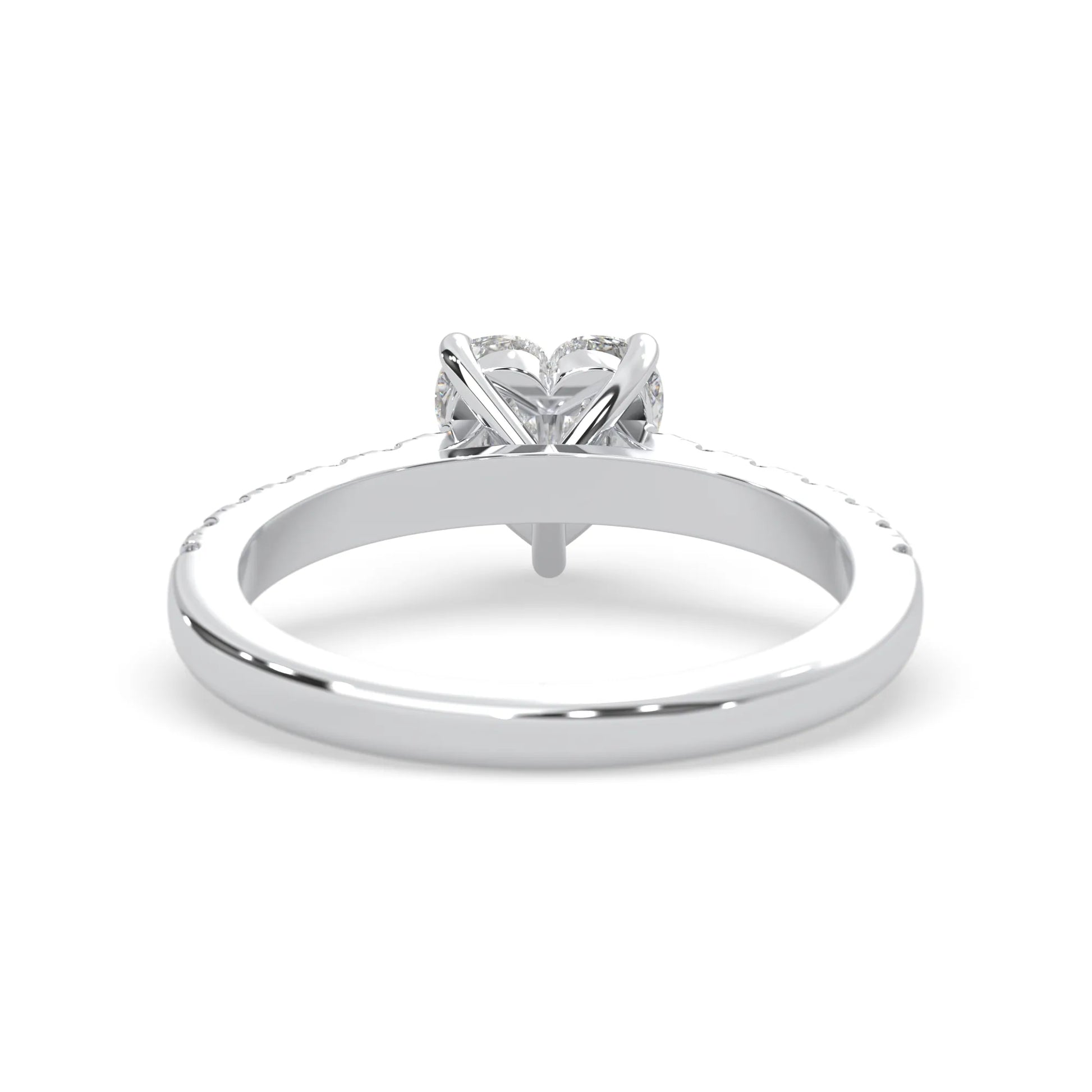 heart cut lab grown diamond prong set engagement ring with pavé band and white gold metal tone design