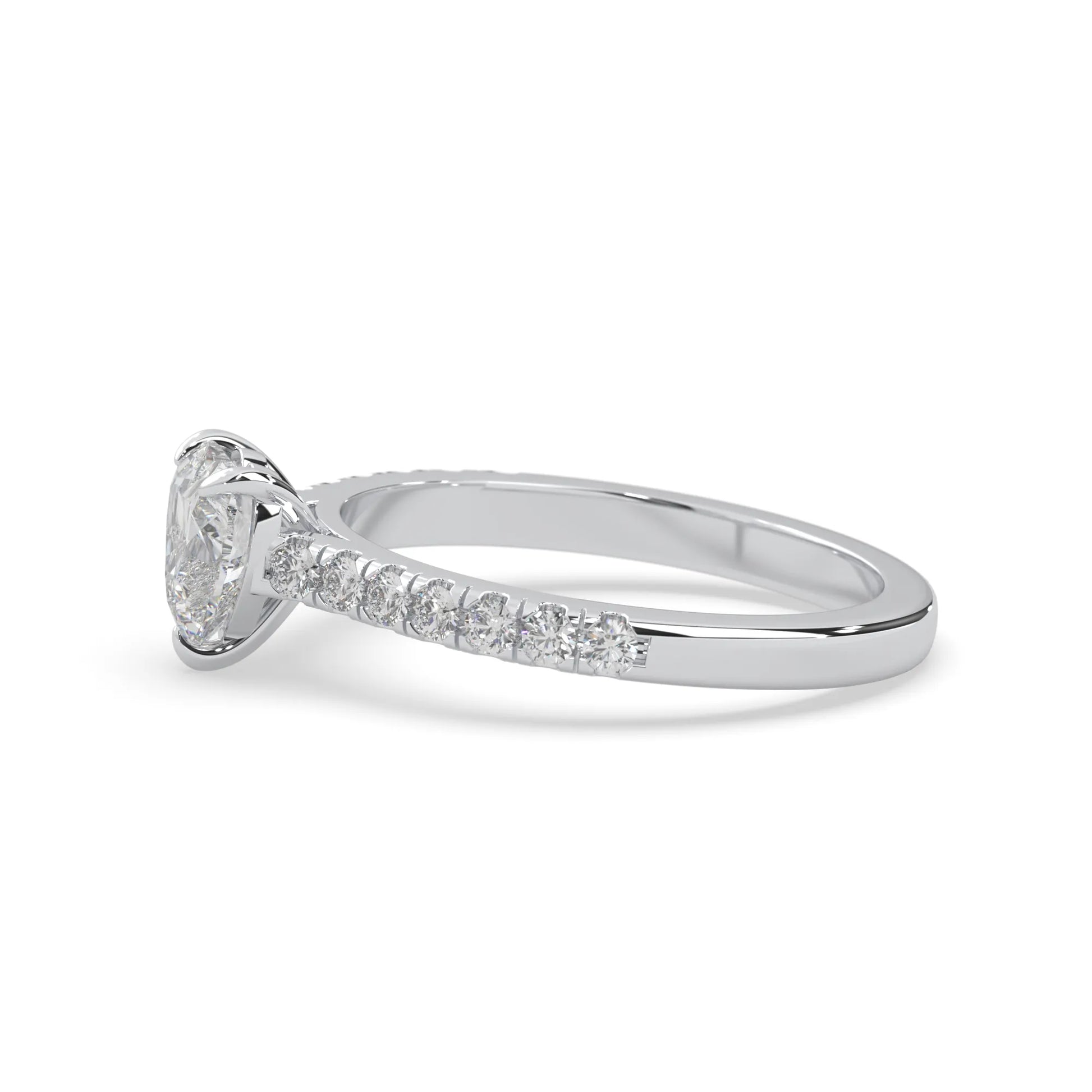 heart cut lab grown diamond prong set engagement ring with pavé band and white gold metal tone design