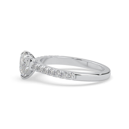 heart cut lab grown diamond prong set engagement ring with pavé band and white gold metal tone design