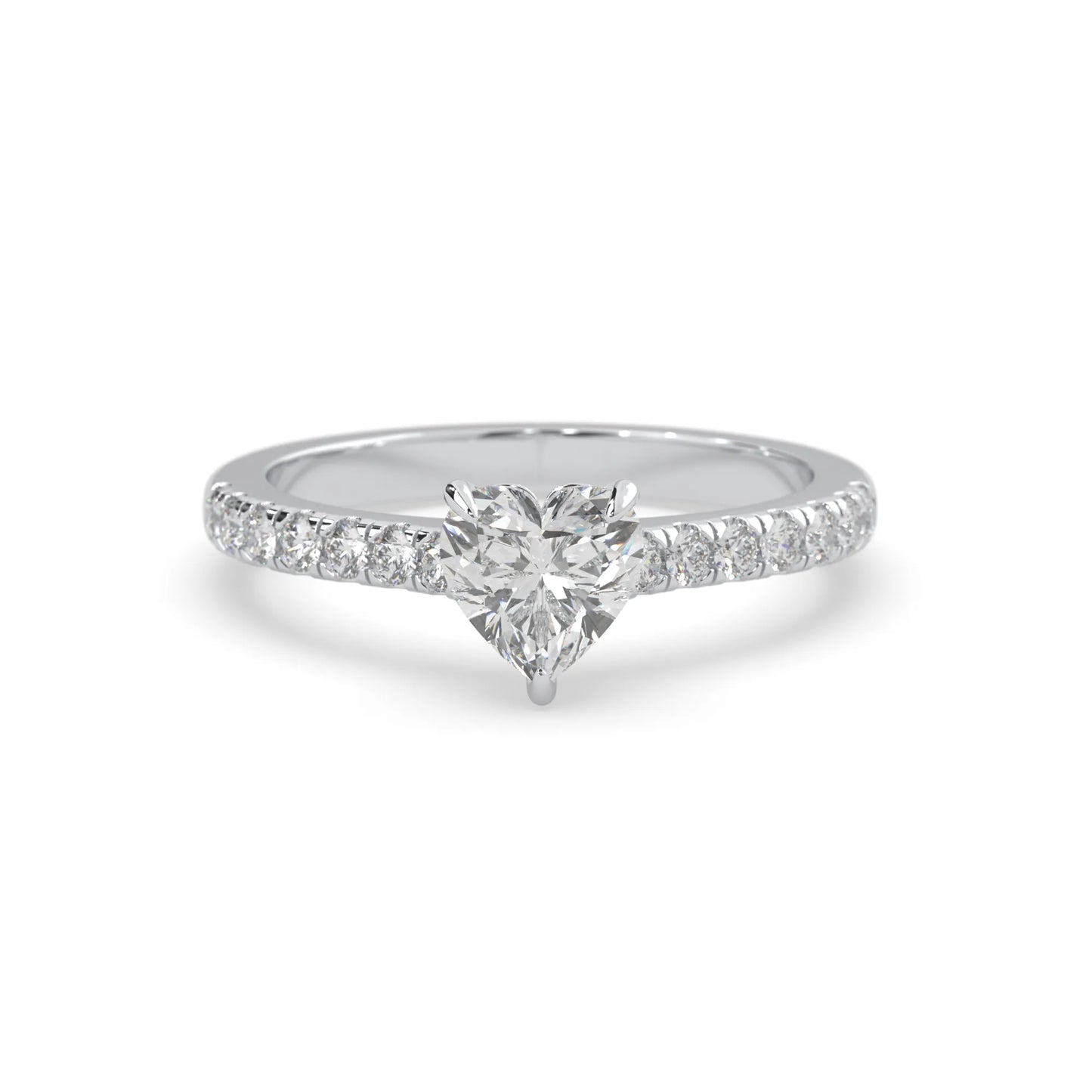 heart cut lab grown diamond prong set engagement ring with pavé band and white gold metal tone design