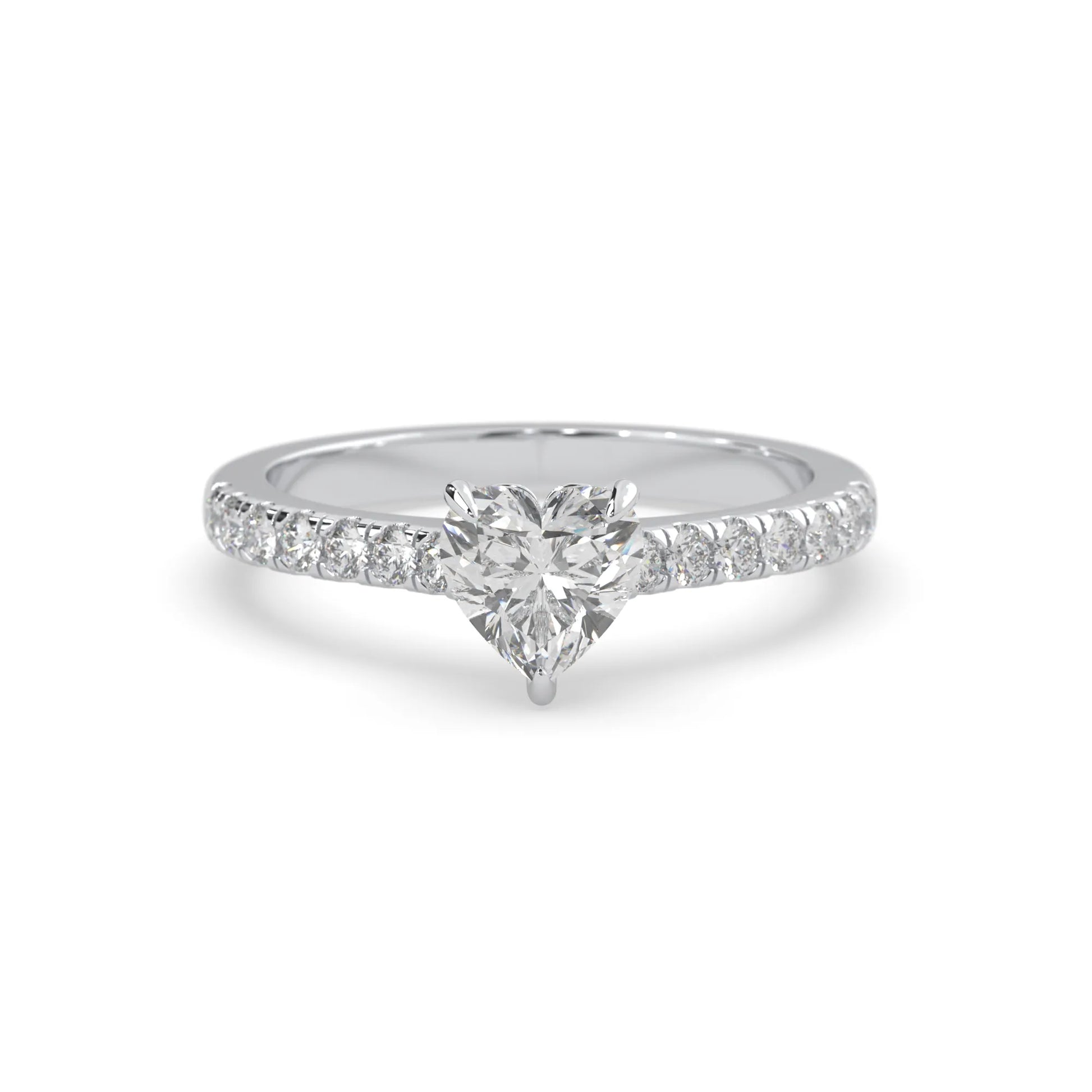 heart cut lab grown diamond prong set engagement ring with pavé band and white gold metal tone design