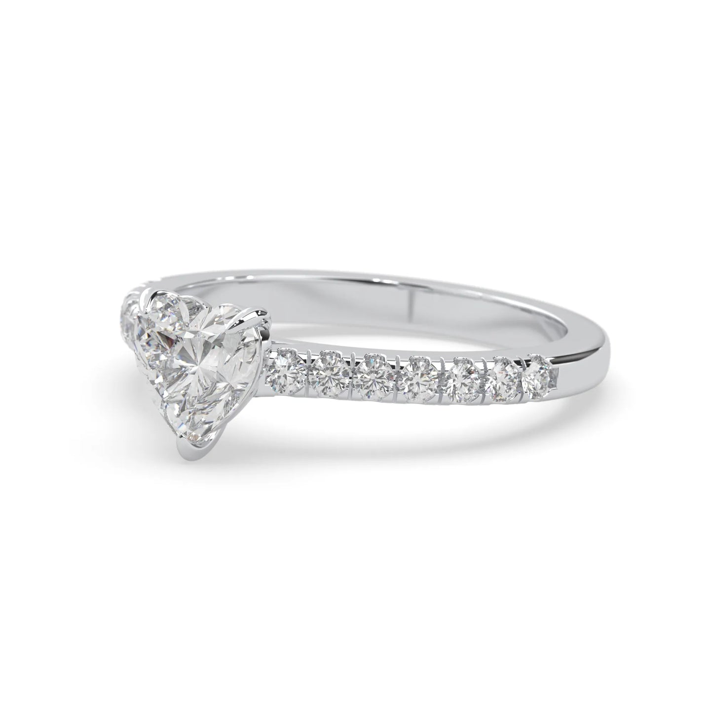 heart cut lab grown diamond prong set engagement ring with pavé band and white gold metal tone design