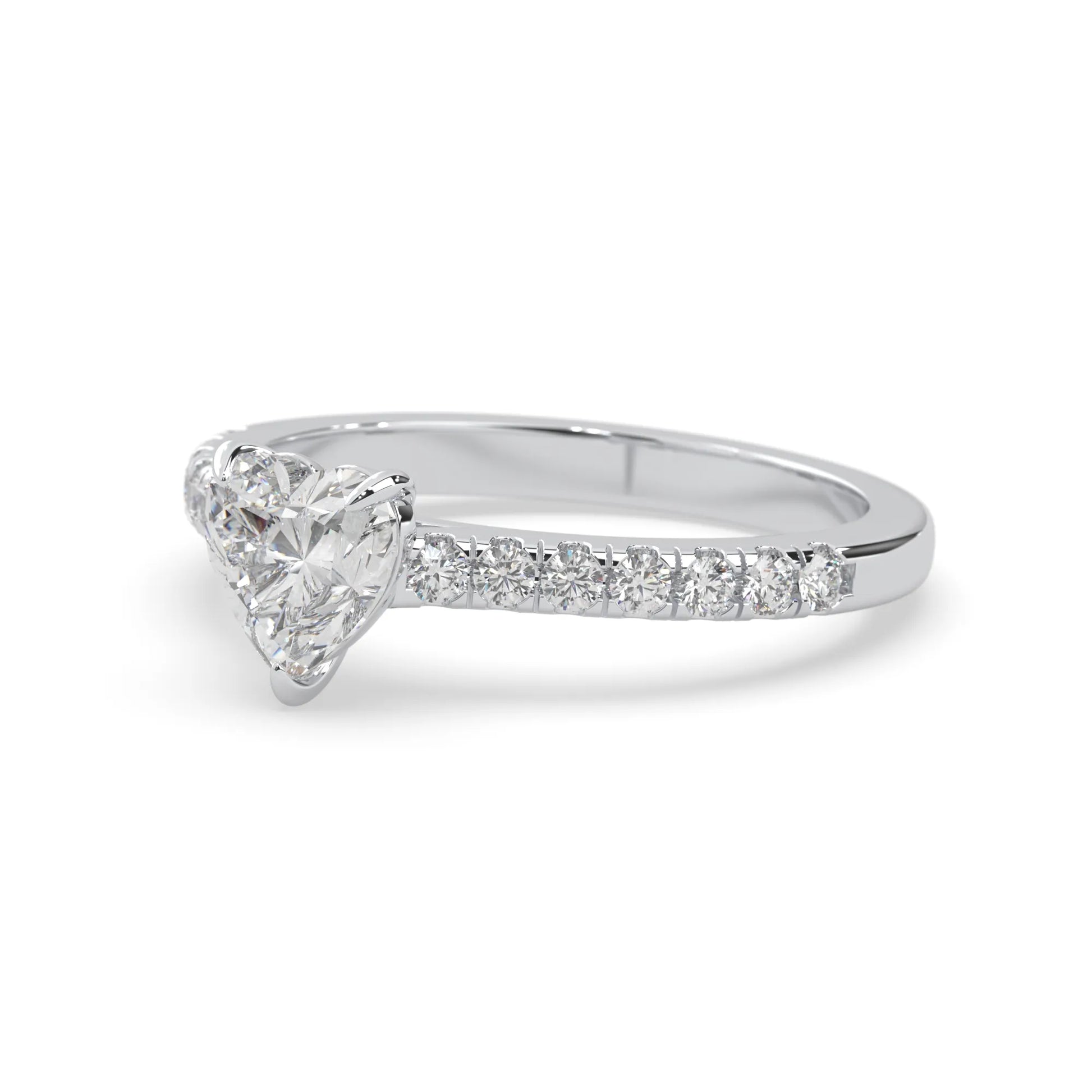 heart cut lab grown diamond prong set engagement ring with pavé band and white gold metal tone design