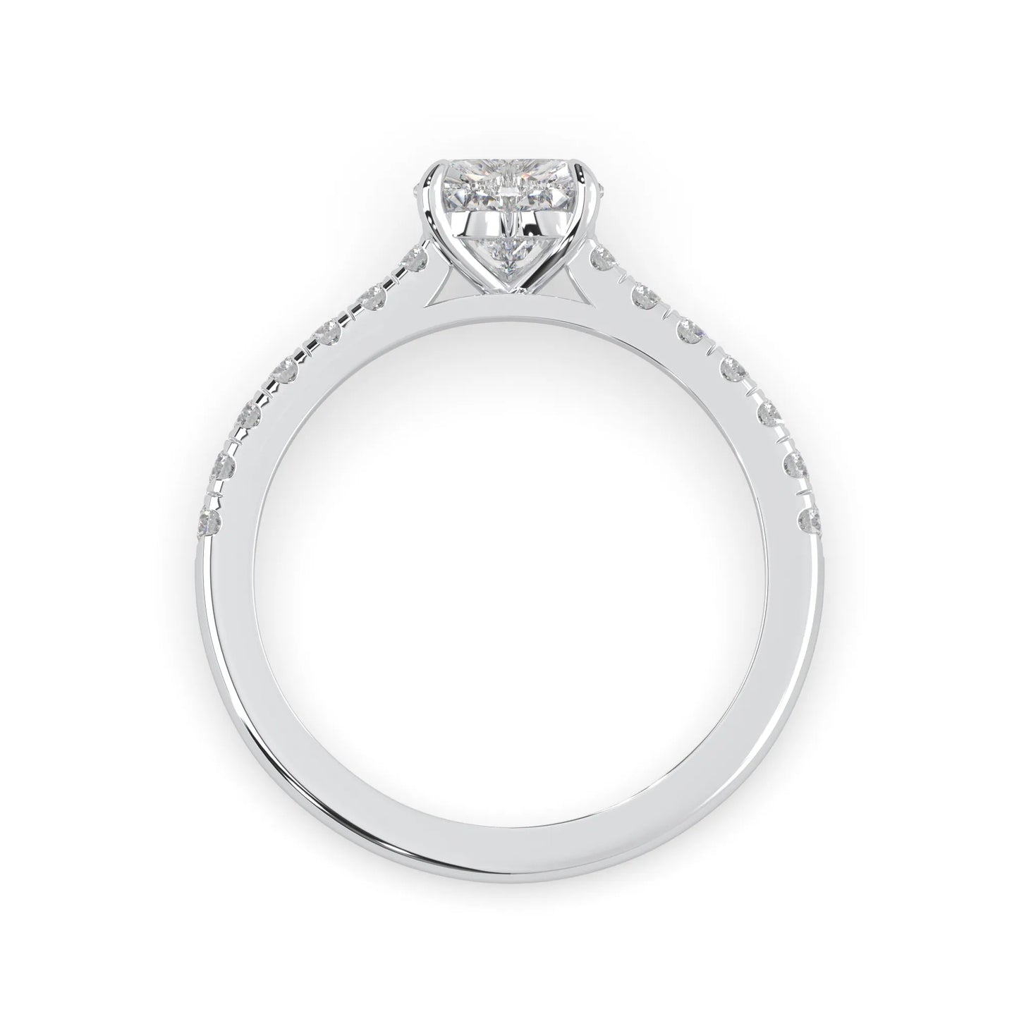 heart cut lab grown diamond prong set engagement ring with pavé band and white gold metal tone design