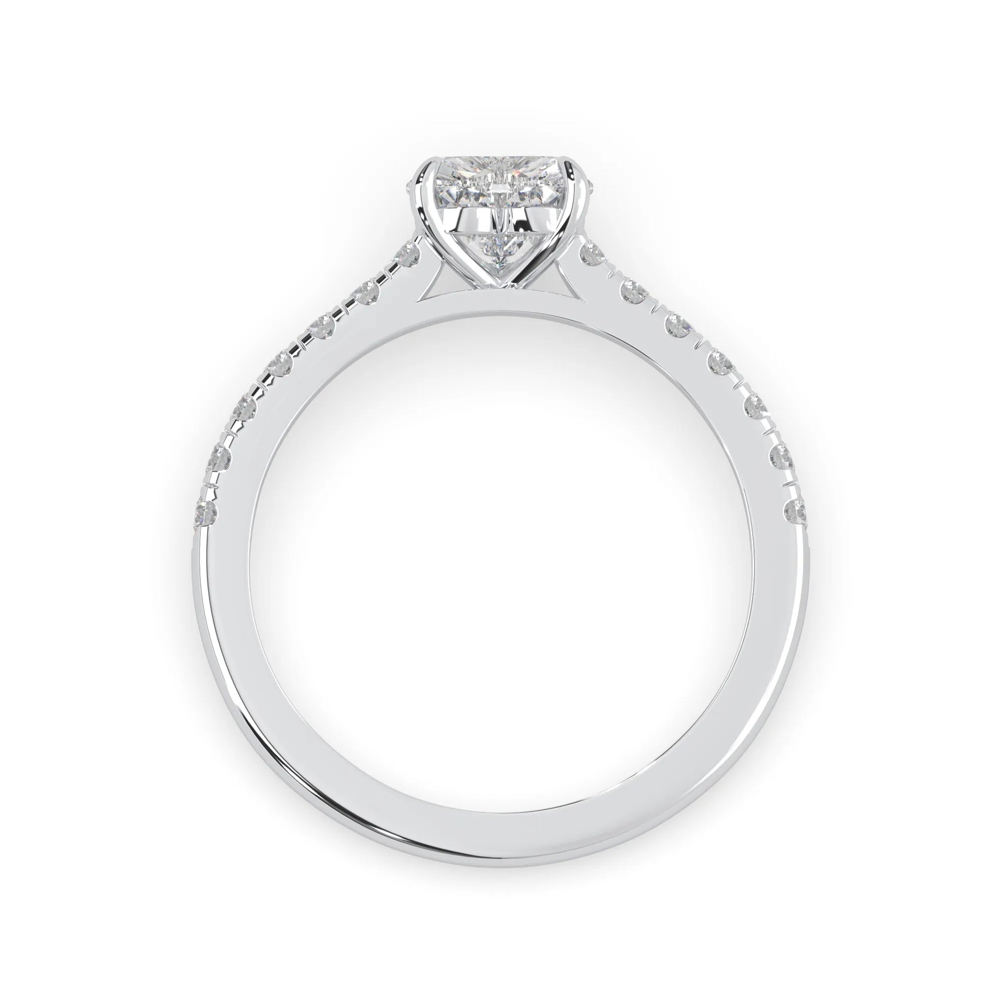 heart cut lab grown diamond prong set engagement ring with pavé band and white gold metal tone design