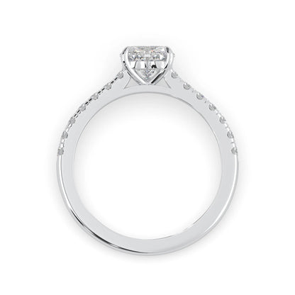 heart cut lab grown diamond prong set engagement ring with pavé band and white gold metal tone design