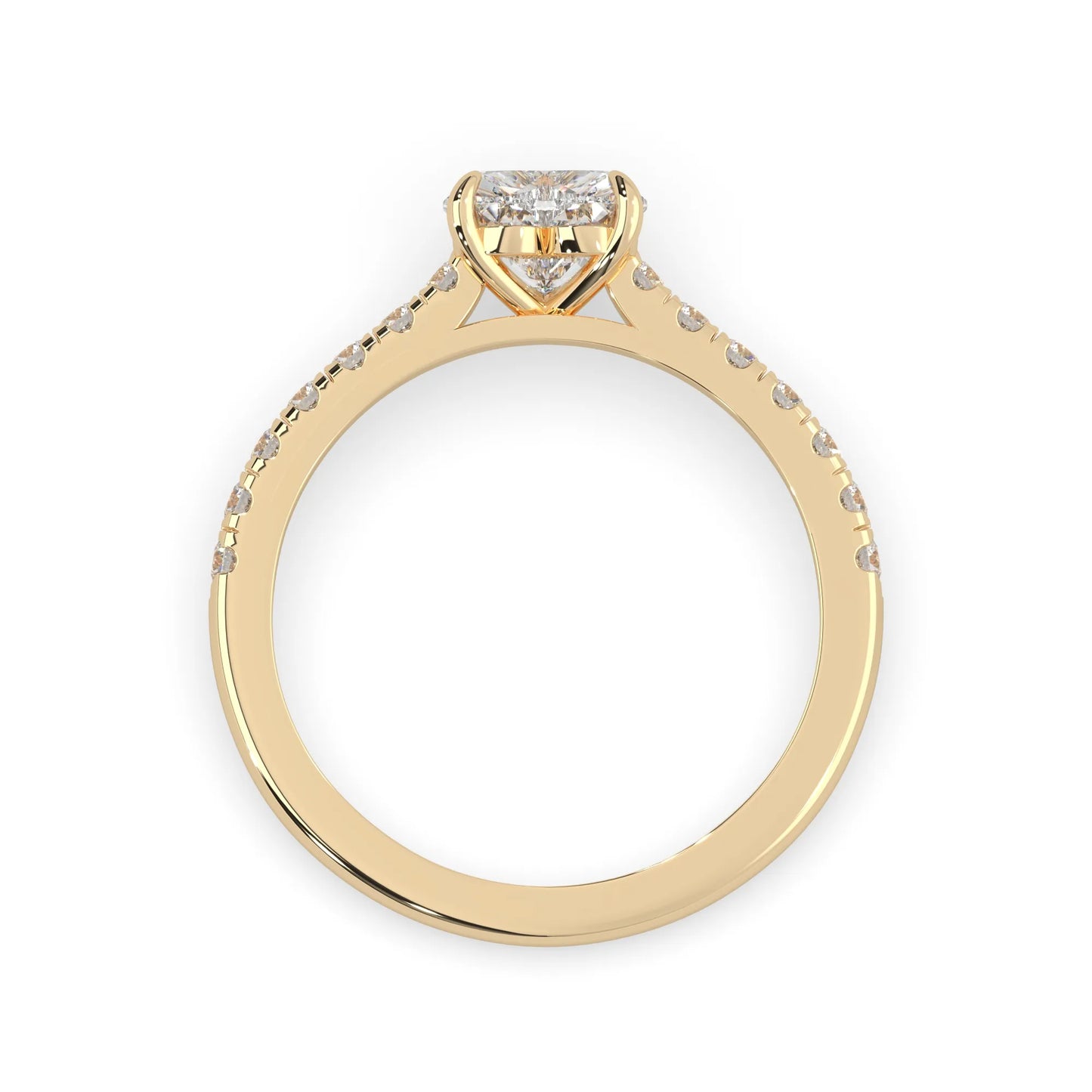 heart cut lab grown diamond prong set engagement ring with pavé band and yellow gold metal tone design