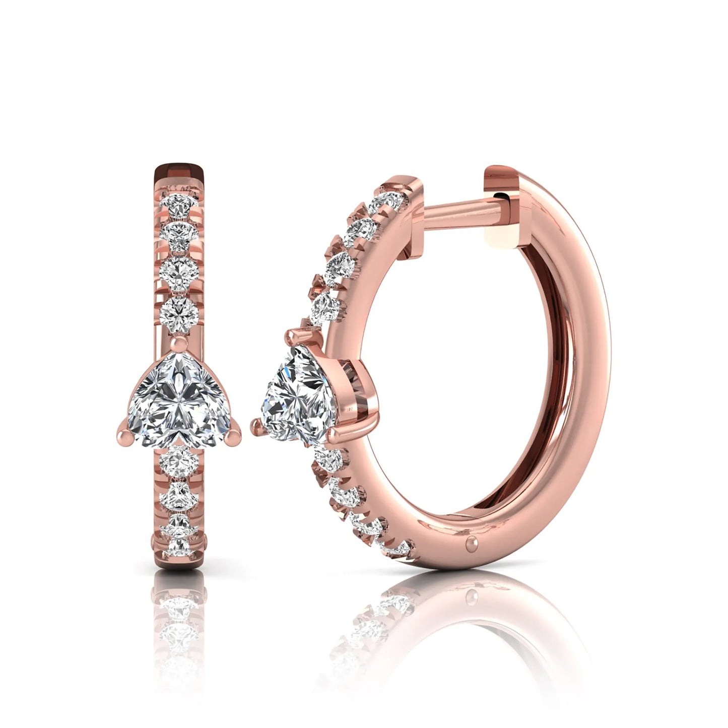 Heart and round cut lab grown diamond pavé huggie hoop earrings featuring a front-facing heart diamond, graduated shared prong round diamonds, hinged snap closure, and polished rose gold finish.