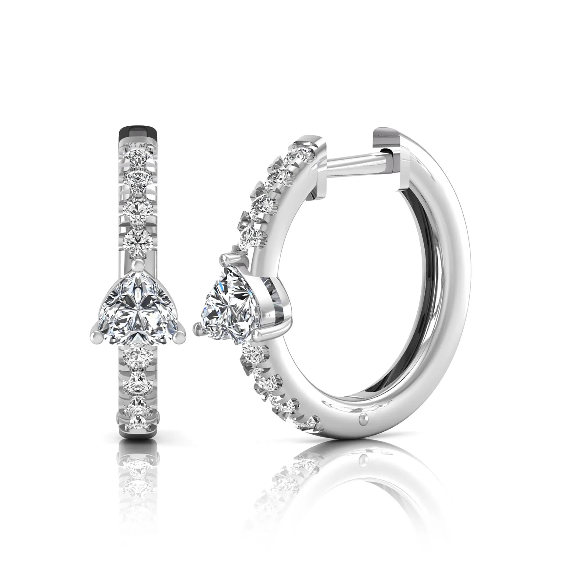 Heart and round cut lab grown diamond pavé huggie hoop earrings featuring a front-facing heart diamond, graduated shared prong round diamonds, hinged snap closure, and polished white gold finish.