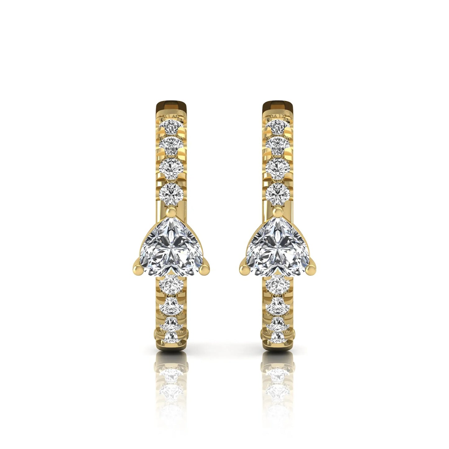 Heart and round cut lab grown diamond pavé huggie hoop earrings featuring a front-facing heart diamond, graduated shared prong round diamonds, hinged snap closure, and polished yellow gold finish.
