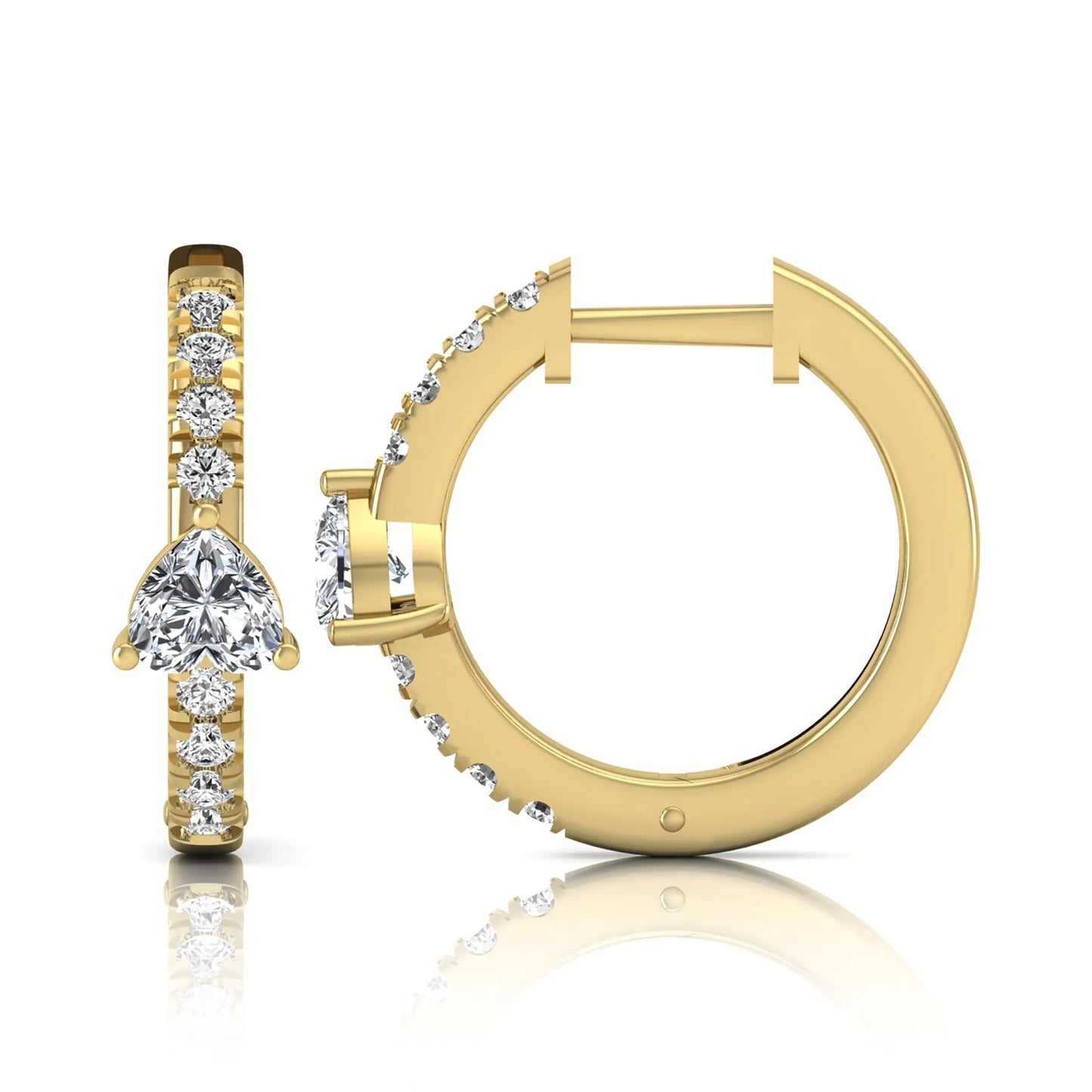 Heart and round cut lab grown diamond pavé huggie hoop earrings featuring a front-facing heart diamond, graduated shared prong round diamonds, hinged snap closure, and polished yellow gold finish.