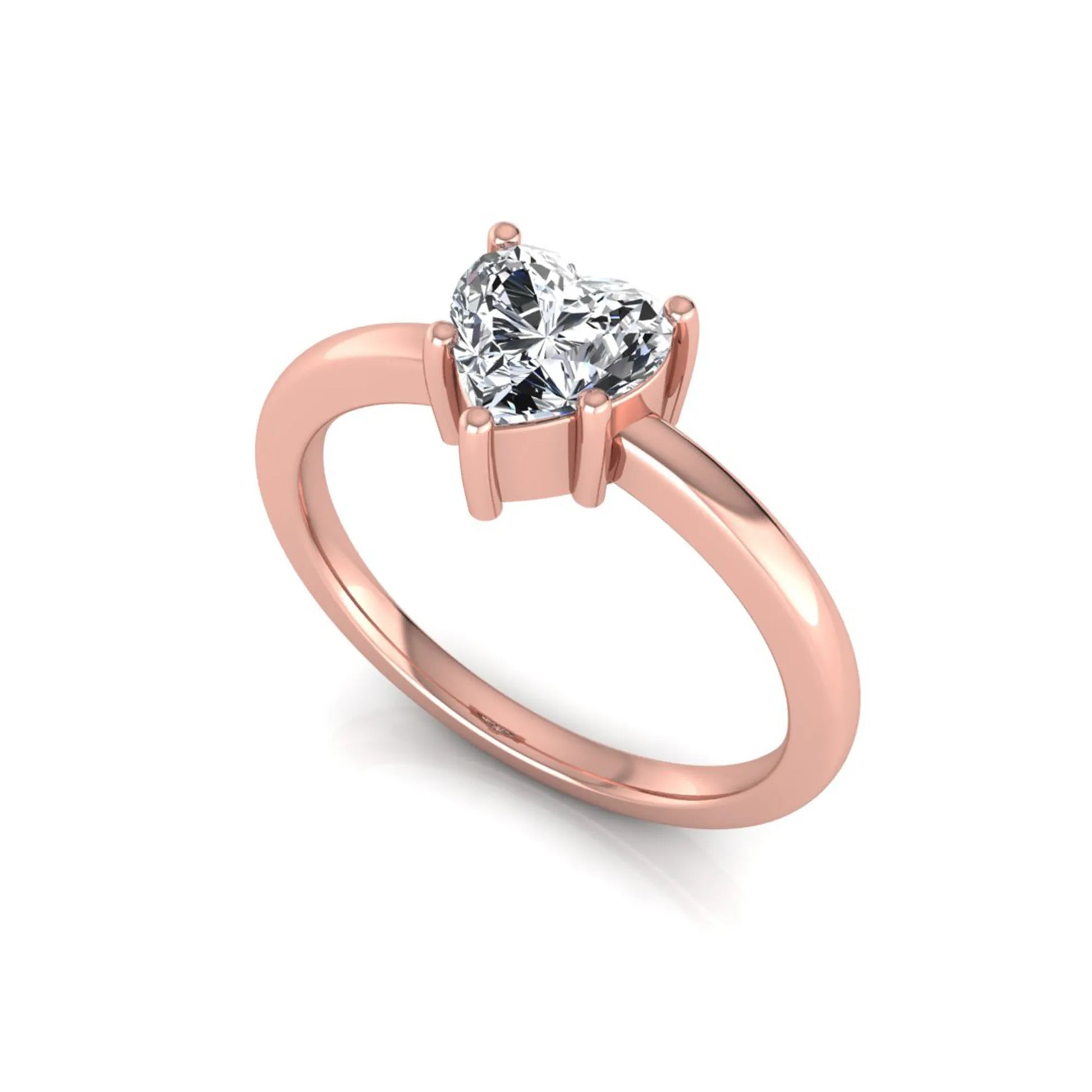 Heart cut lab grown diamond engagement ring featuring a 0.93 carat IGI certified center diamond in an elegant three-prong solitaire setting with a polished rose gold band.
