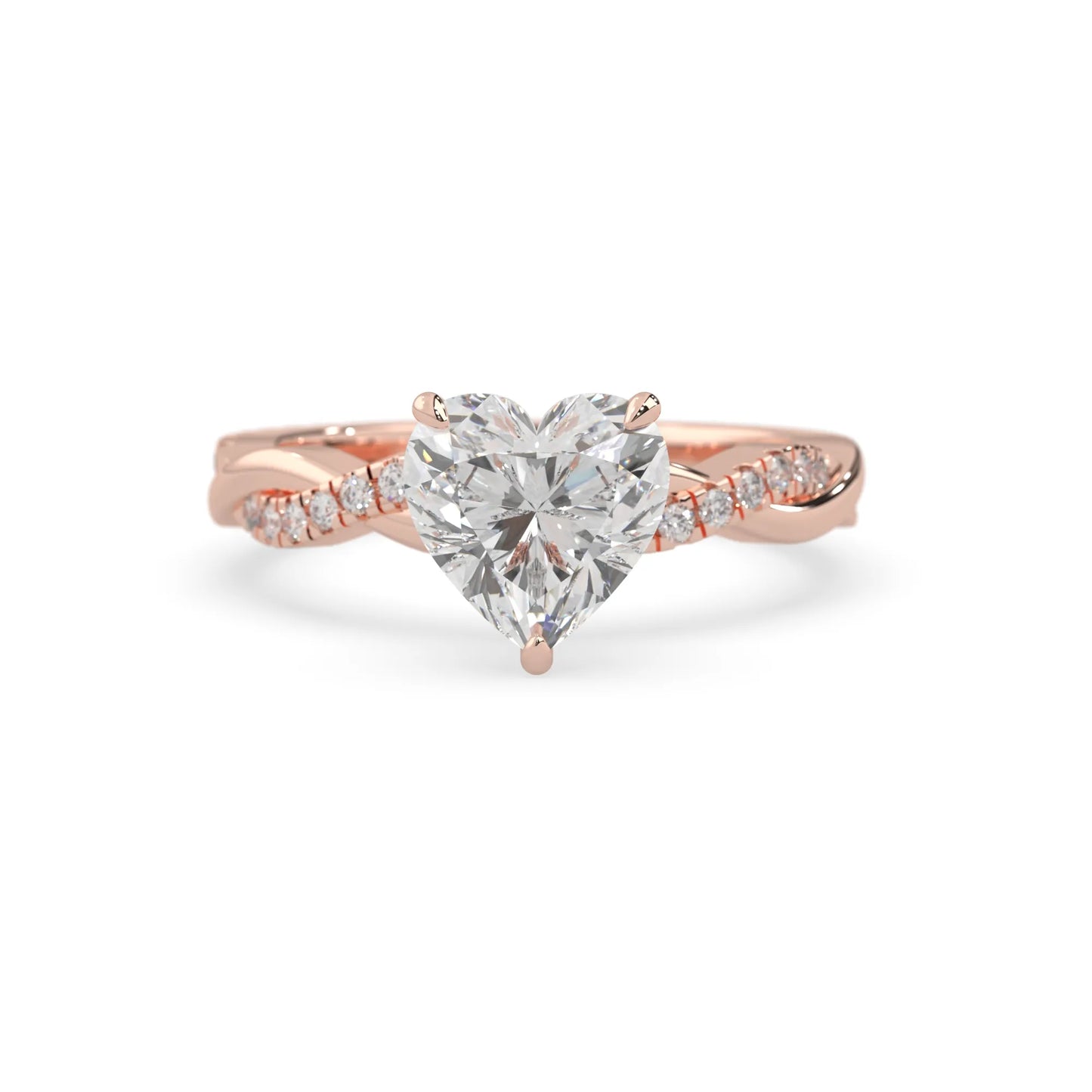 Heart brilliant lab grown diamond engagement ring with prong setting and twisted pavé diamond band in rose gold tone