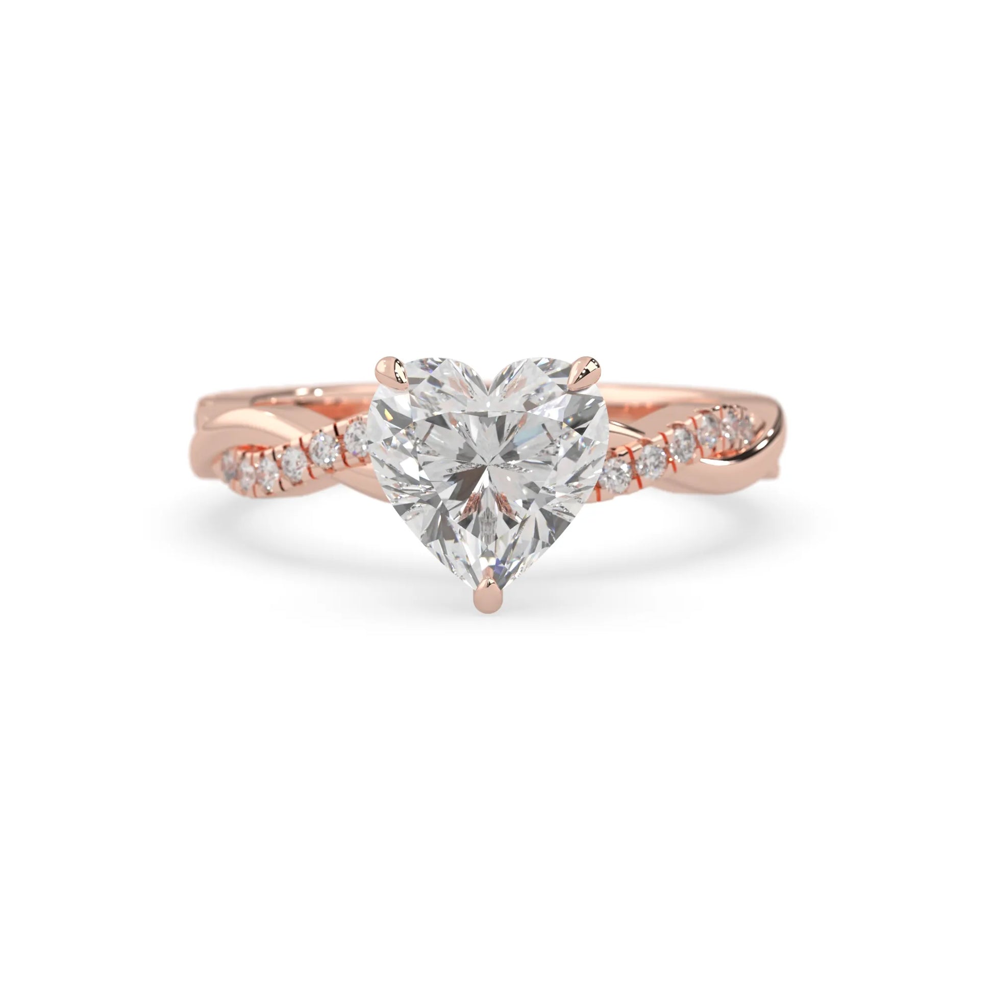 Heart brilliant lab grown diamond engagement ring with prong setting and twisted pavé diamond band in rose gold tone