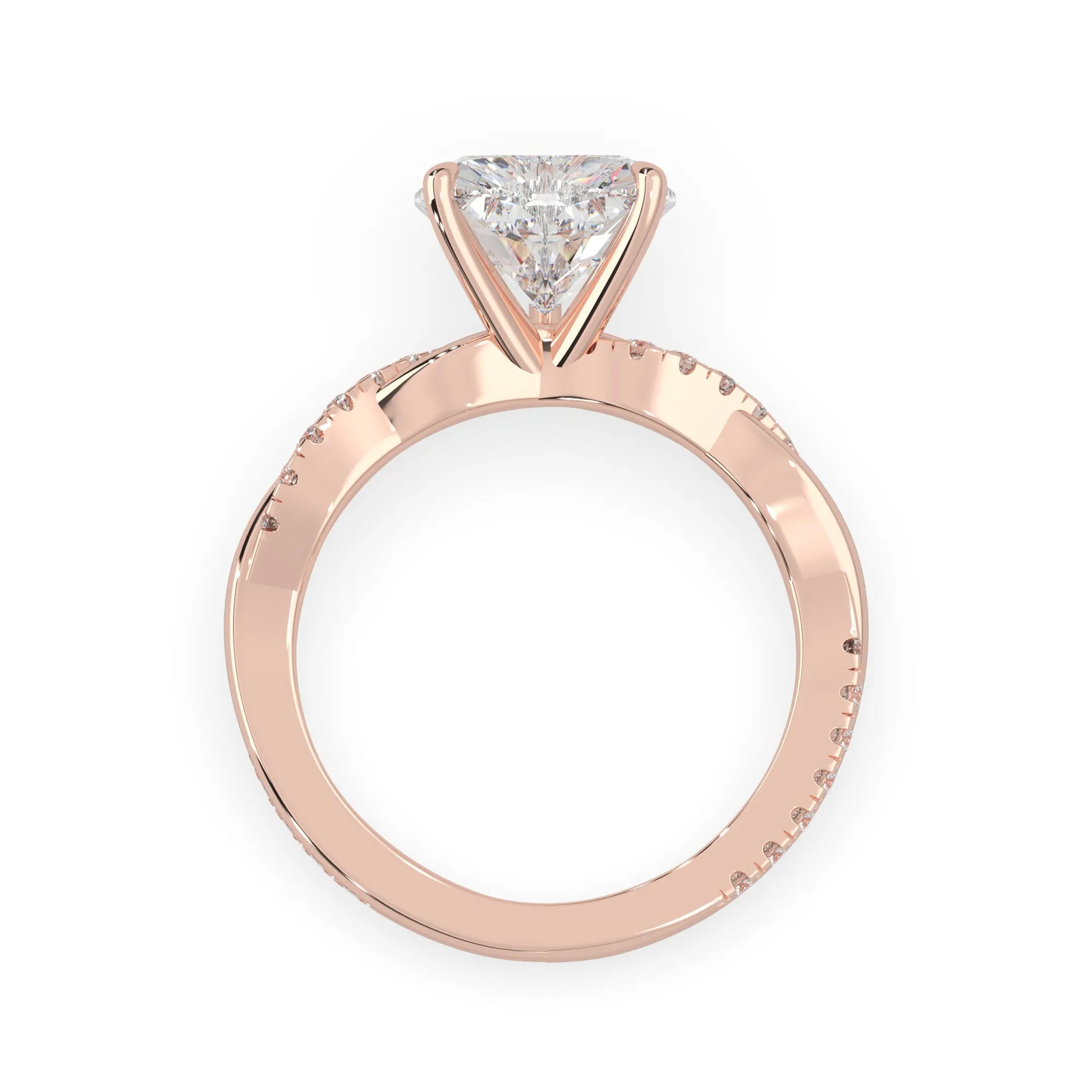 Heart brilliant lab grown diamond engagement ring with prong setting and twisted pavé diamond band in rose gold tone