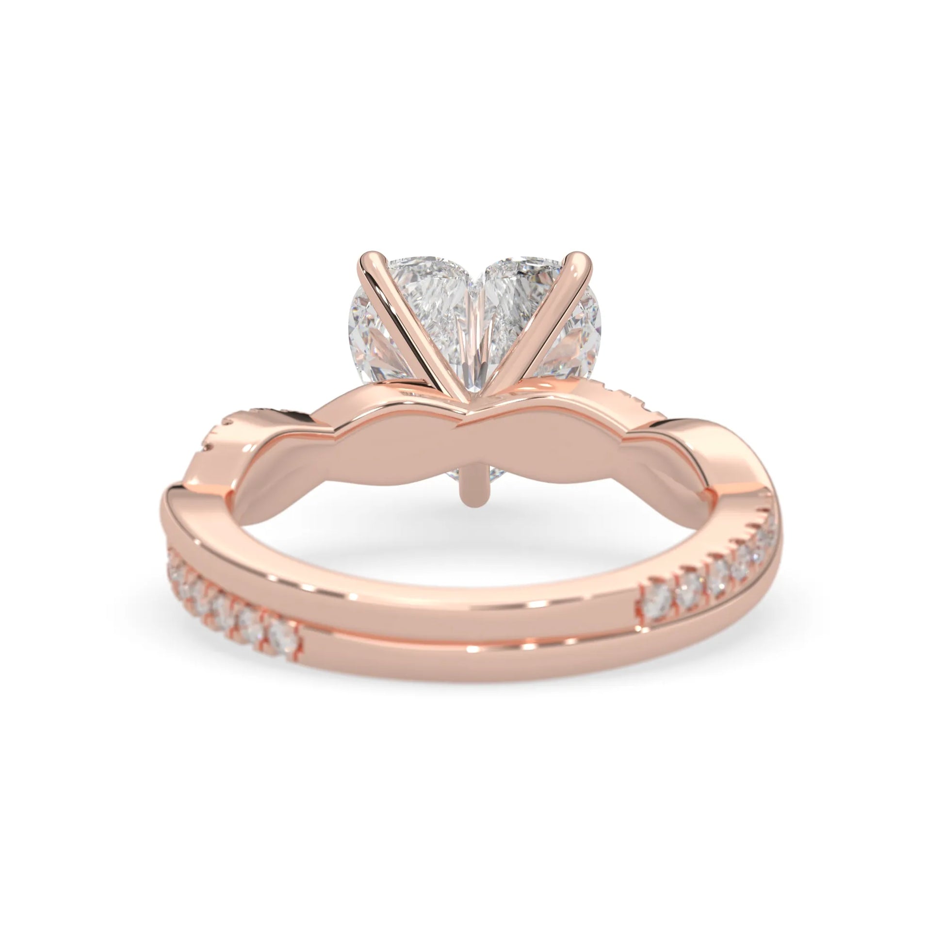 Heart brilliant lab grown diamond engagement ring with prong setting and twisted pavé diamond band in rose gold tone