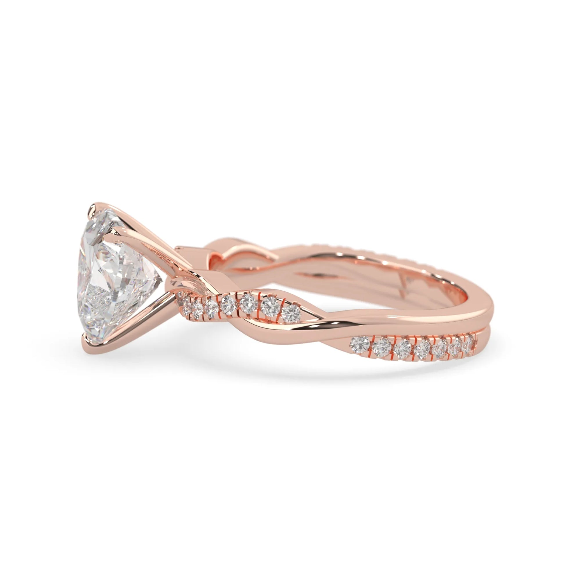 Heart brilliant lab grown diamond engagement ring with prong setting and twisted pavé diamond band in rose gold tone