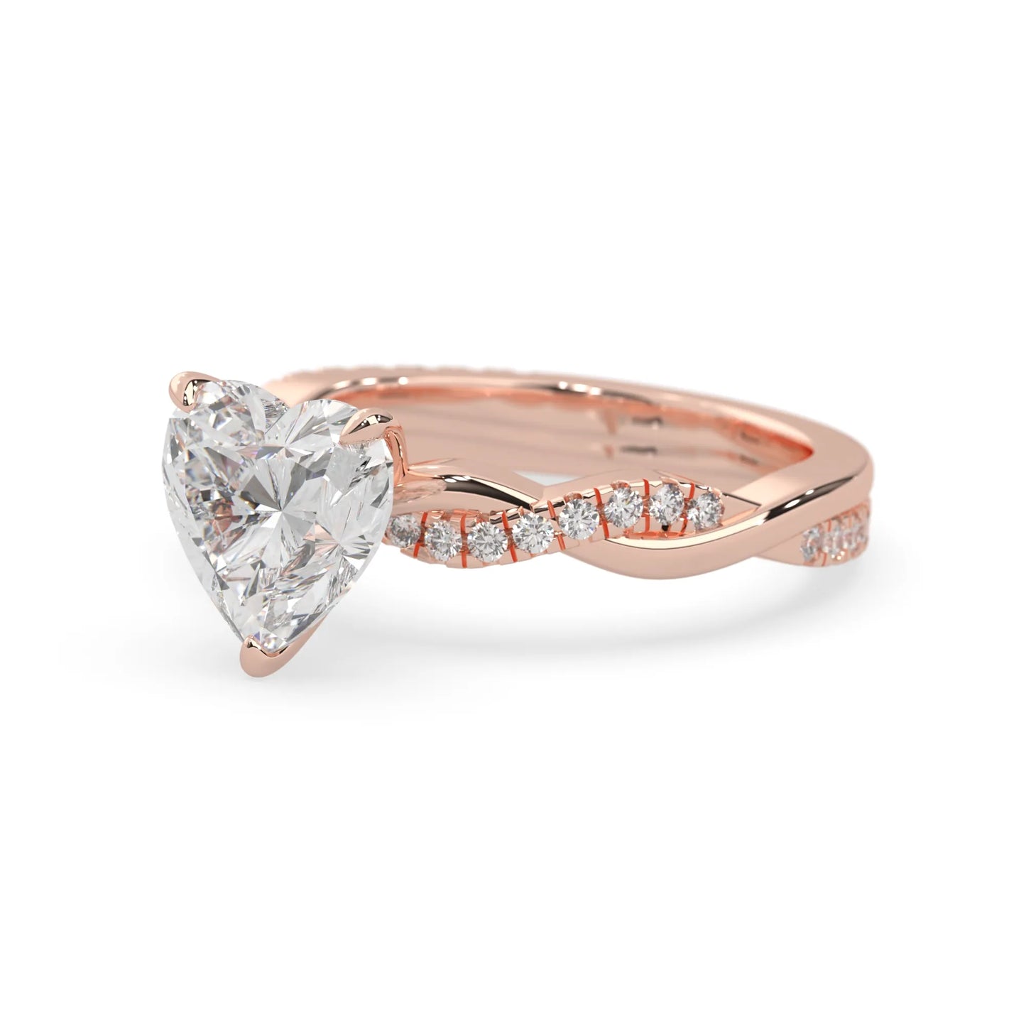 Heart brilliant lab grown diamond engagement ring with prong setting and twisted pavé diamond band in rose gold tone