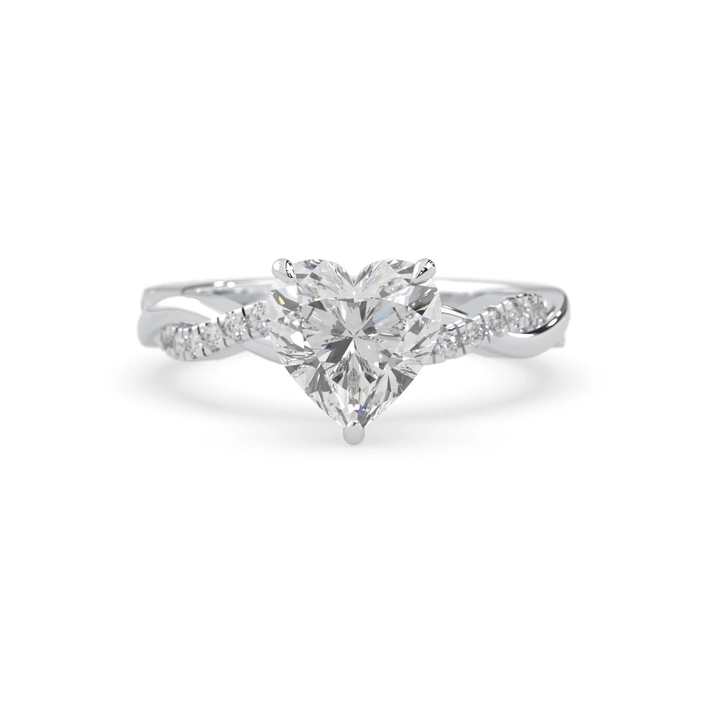 Heart brilliant lab grown diamond engagement ring with prong setting and twisted pavé diamond band in white gold tone