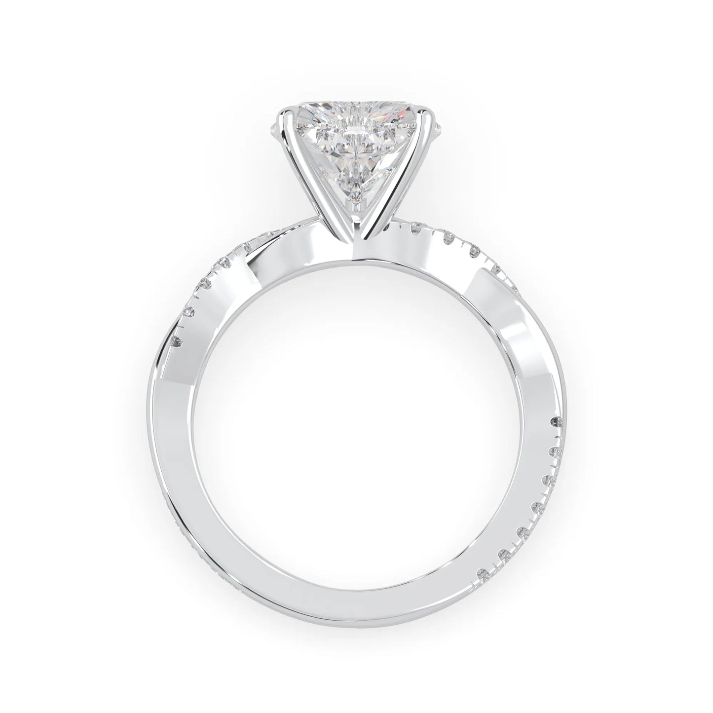 Heart brilliant lab grown diamond engagement ring with prong setting and twisted pavé diamond band in white gold tone
