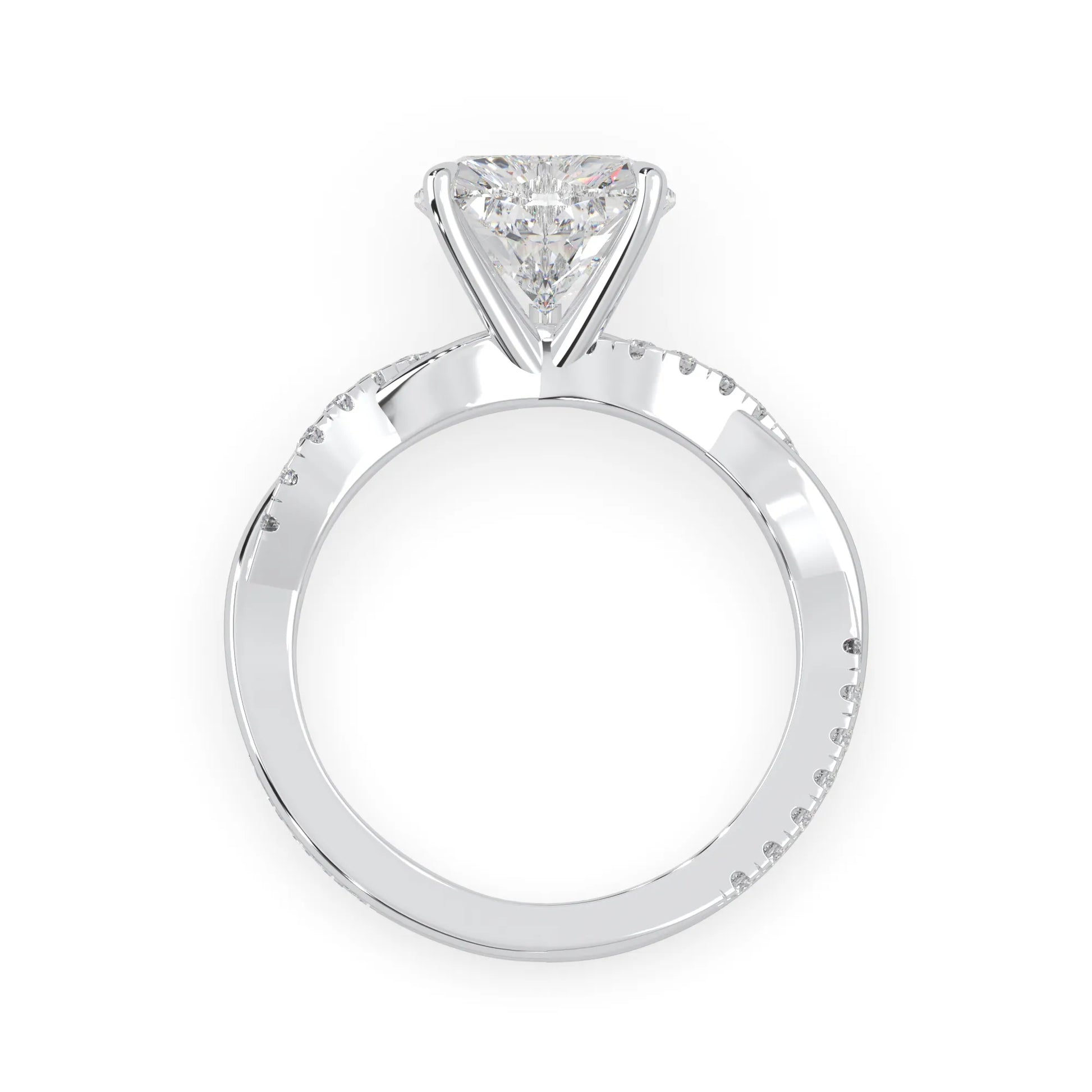 Heart brilliant lab grown diamond engagement ring with prong setting and twisted pavé diamond band in white gold tone