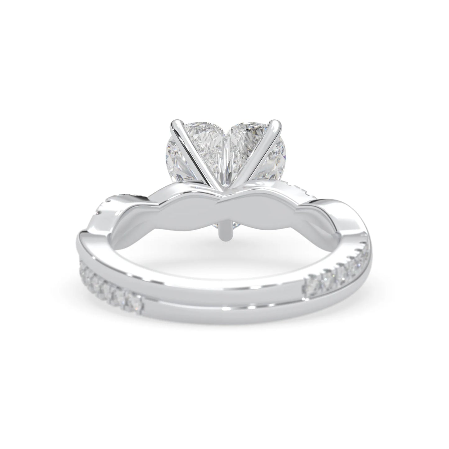 Heart brilliant lab grown diamond engagement ring with prong setting and twisted pavé diamond band in white gold tone