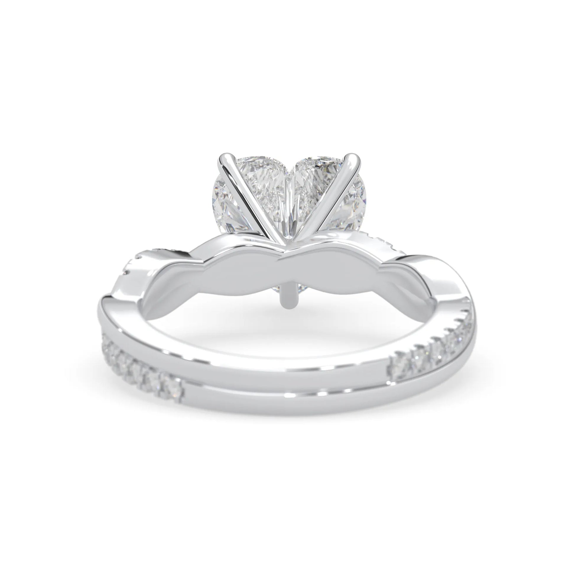 Heart brilliant lab grown diamond engagement ring with prong setting and twisted pavé diamond band in white gold tone