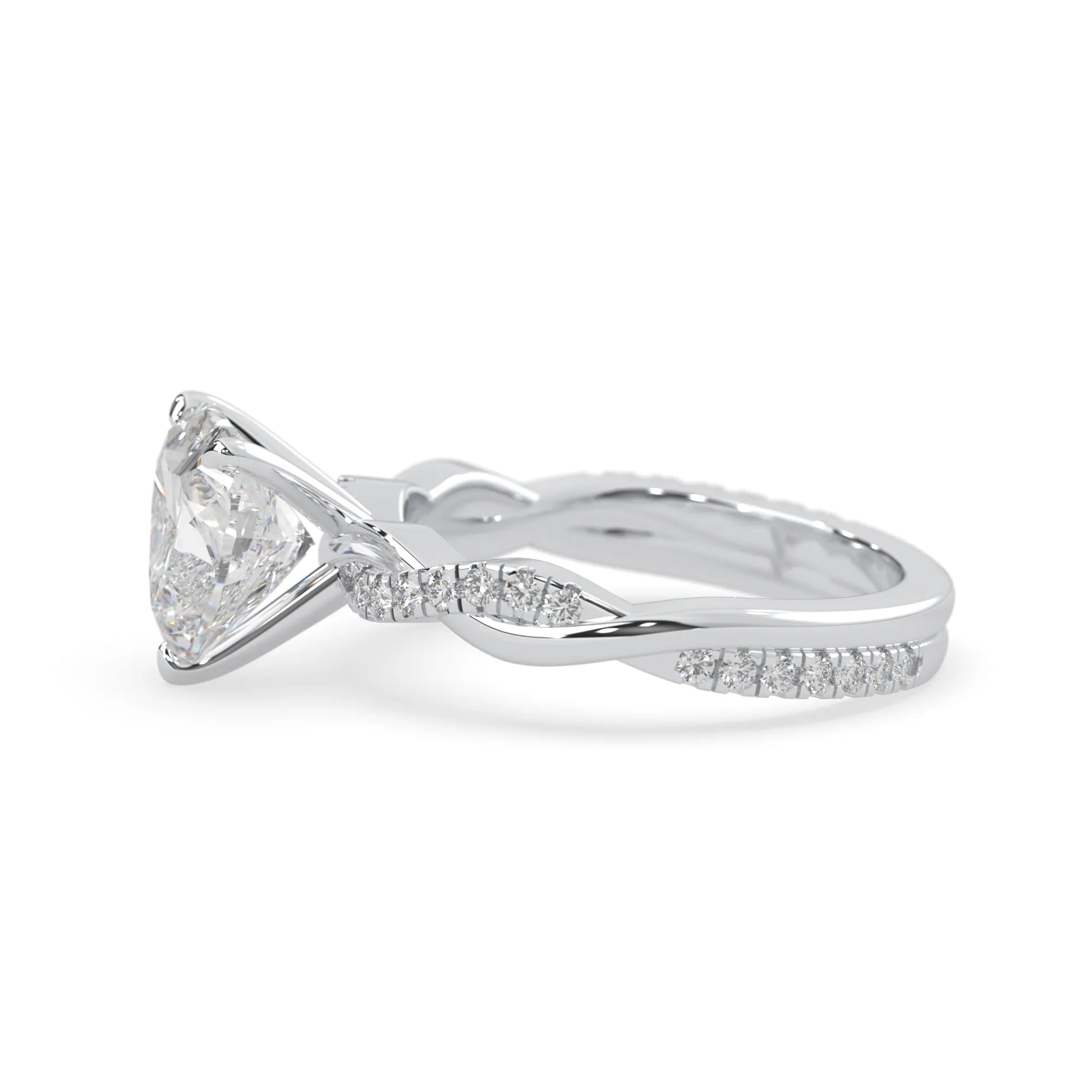 Heart brilliant lab grown diamond engagement ring with prong setting and twisted pavé diamond band in white gold tone