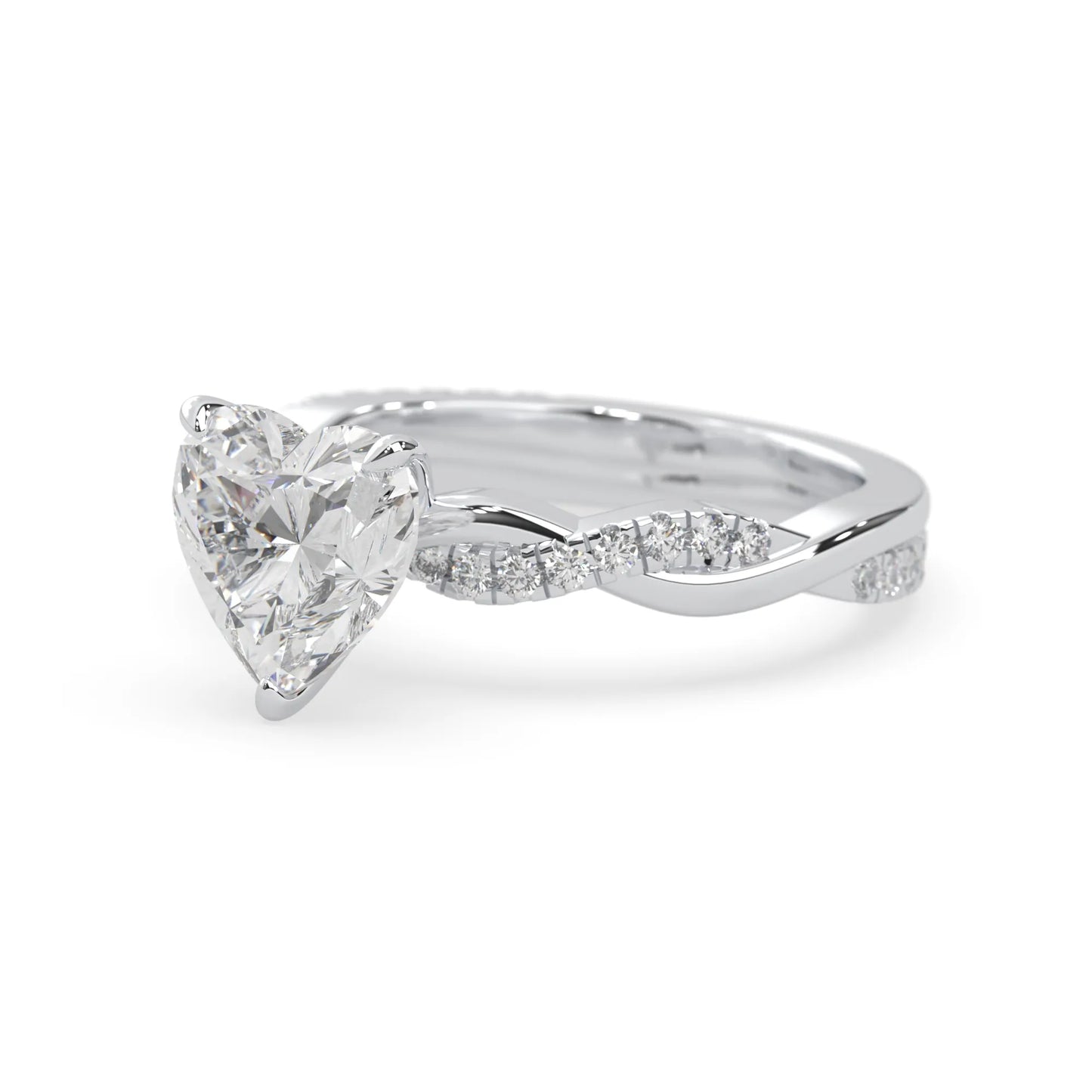 Heart brilliant lab grown diamond engagement ring with prong setting and twisted pavé diamond band in white gold tone